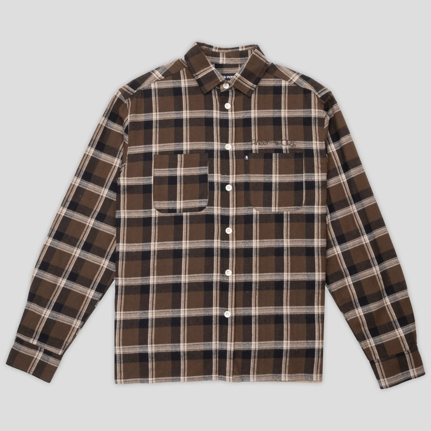Pass~Port Stem Workers Check Shirt Long-Sleeve - Brown Trendy Layer Stretchable Material