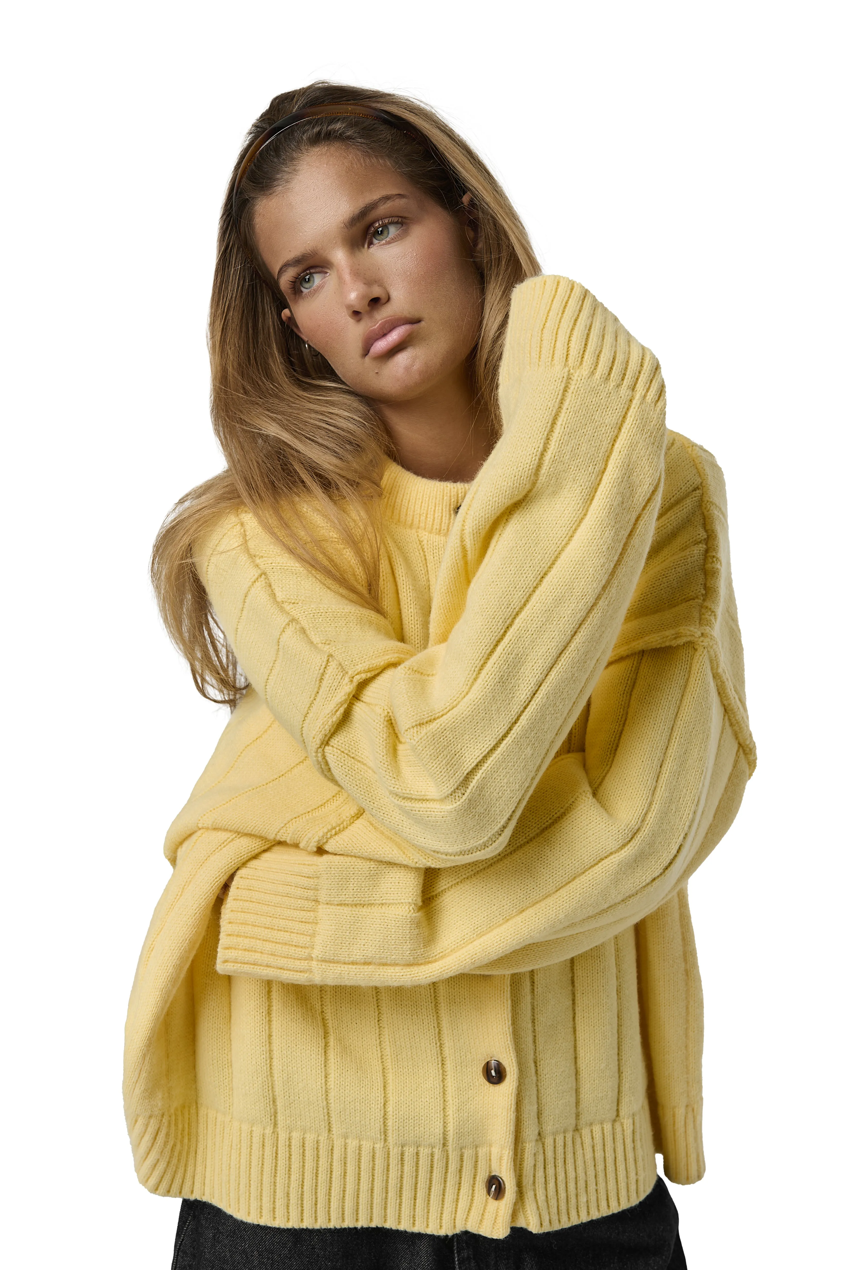 Bryant Button Cardigan in Yellow Non Chafing Fabric Stretchable Material