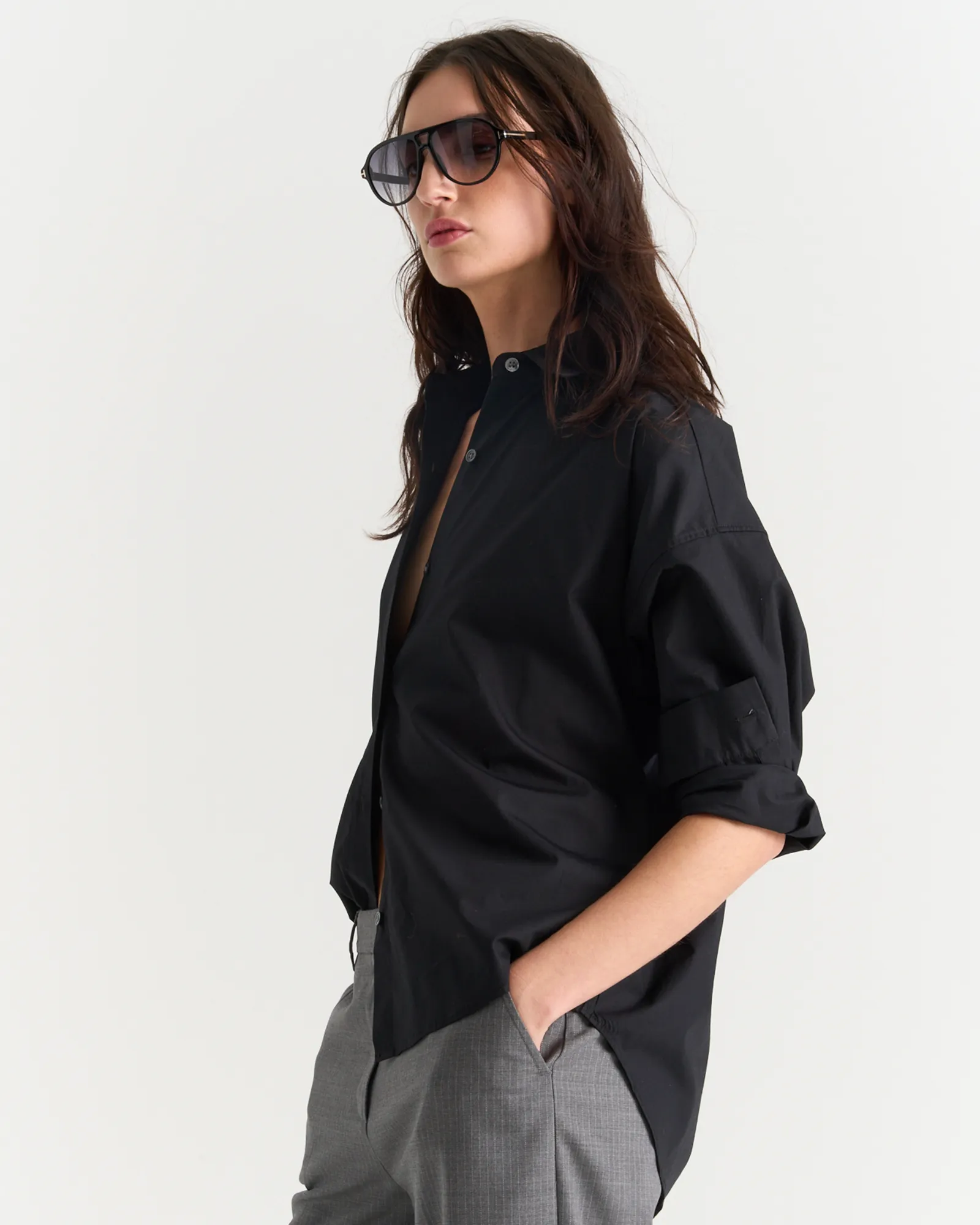 High-Quality Fabric Relaxed Fit Cotton Poplin Boyfriend Shirt - Black