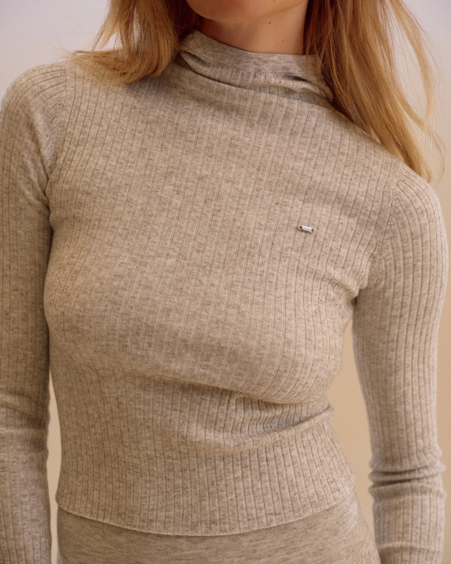 Rib Knit Merino Blend Hooded Top - Light Grey Melange Oversized Collar Style Reinforced Neckline Stitching
