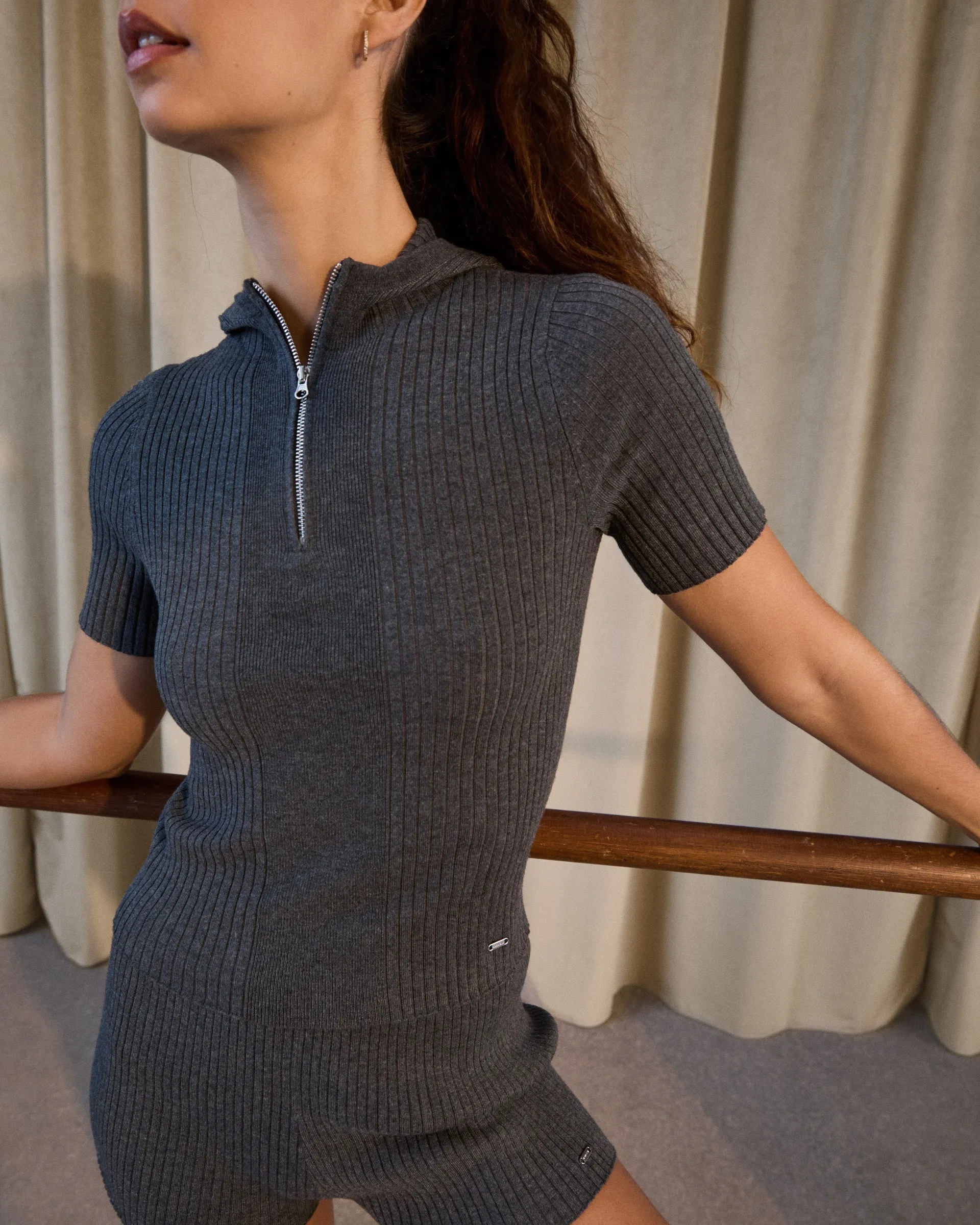 Rib Knit Quarter Zip Hooded Top - Graphite Grey Layered Collar Option