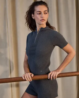 Rib Knit Quarter Zip Hooded Top - Graphite Grey Walk In Park