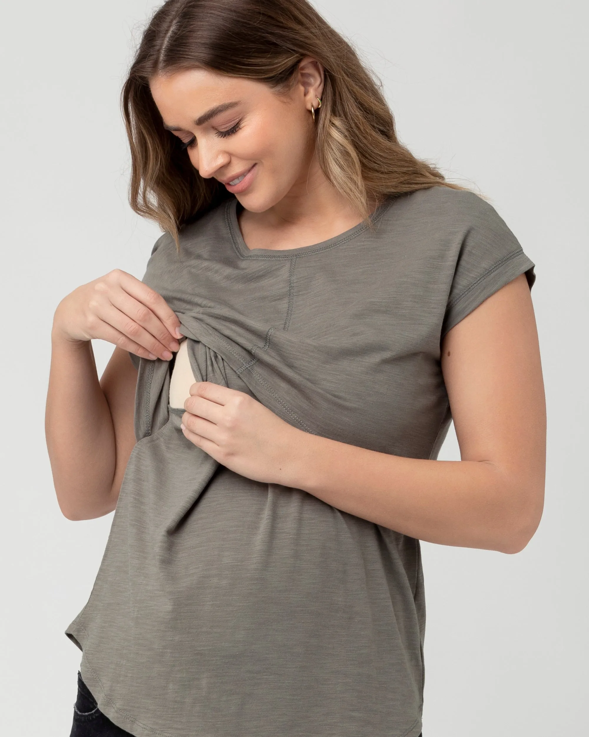 cross front solid color Richie Nursing Tee Moss