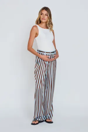Button front Machine washable Roxie Stripe Adjustable-Waist Trouser - Chocolate / Blue / Cream