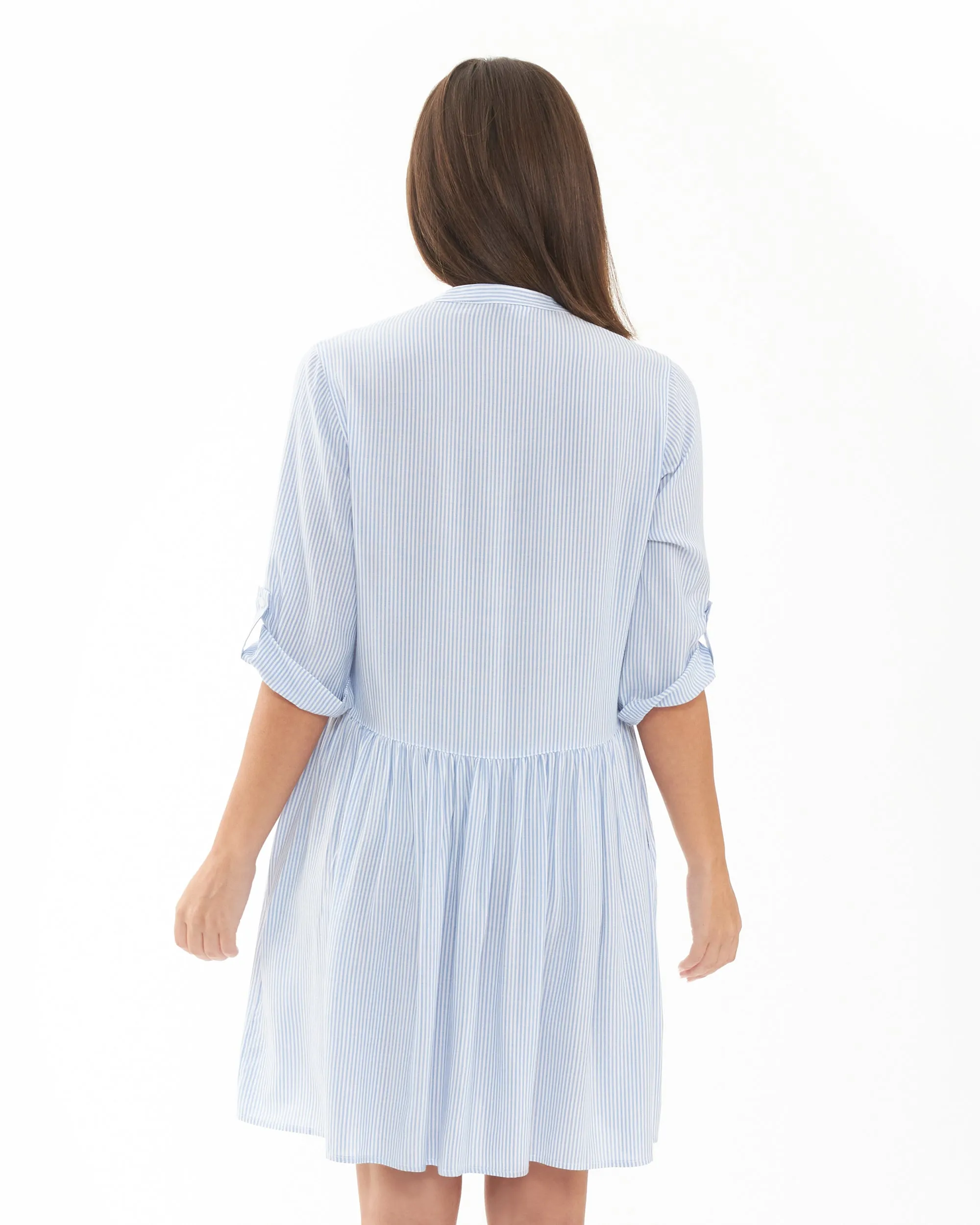 cross front Ribbed Cuffs Sam Stripe Dress  Sky Blue / White