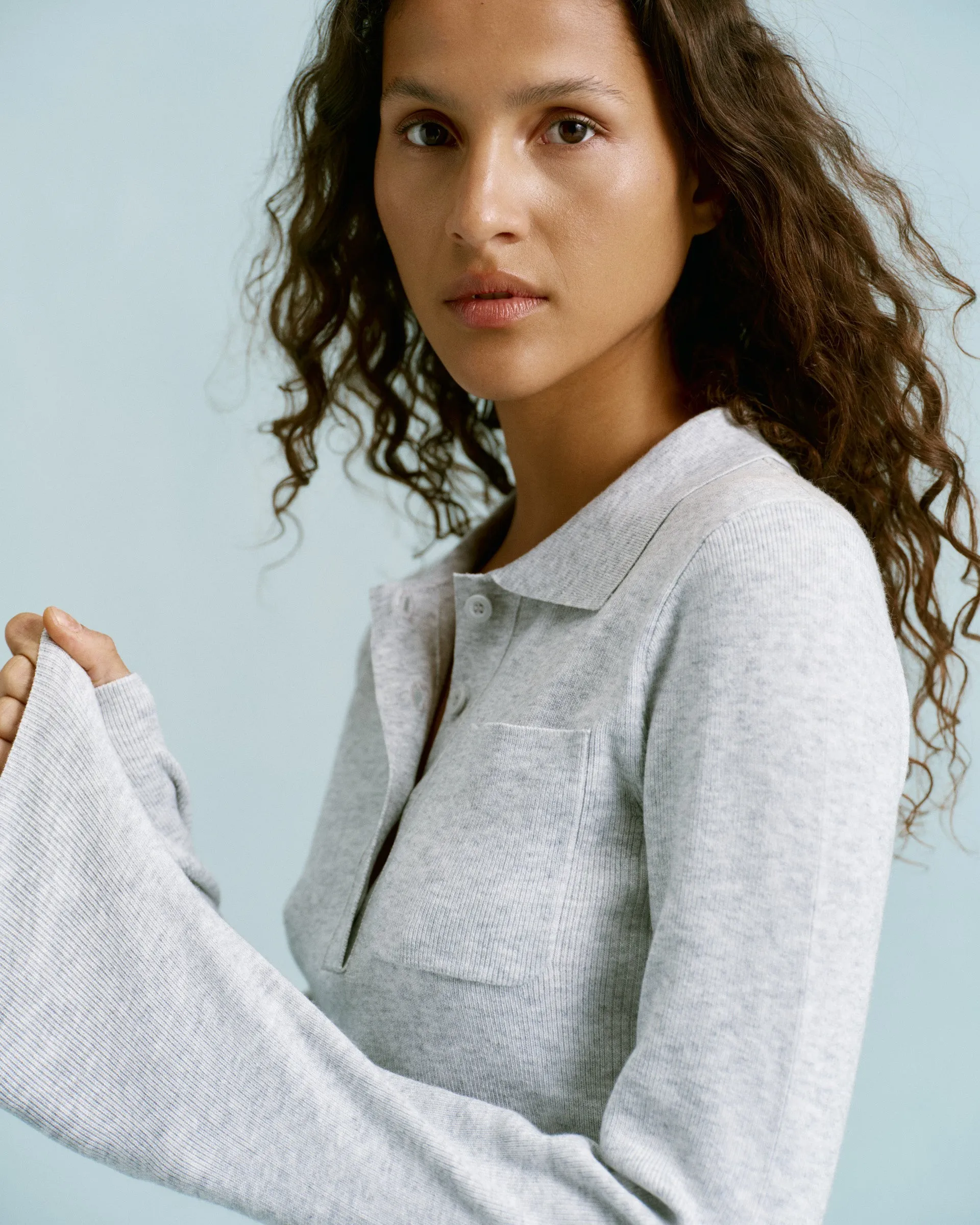 Knit Long Sleeve Button Up Top - Light Grey Melange FadeResistant Color