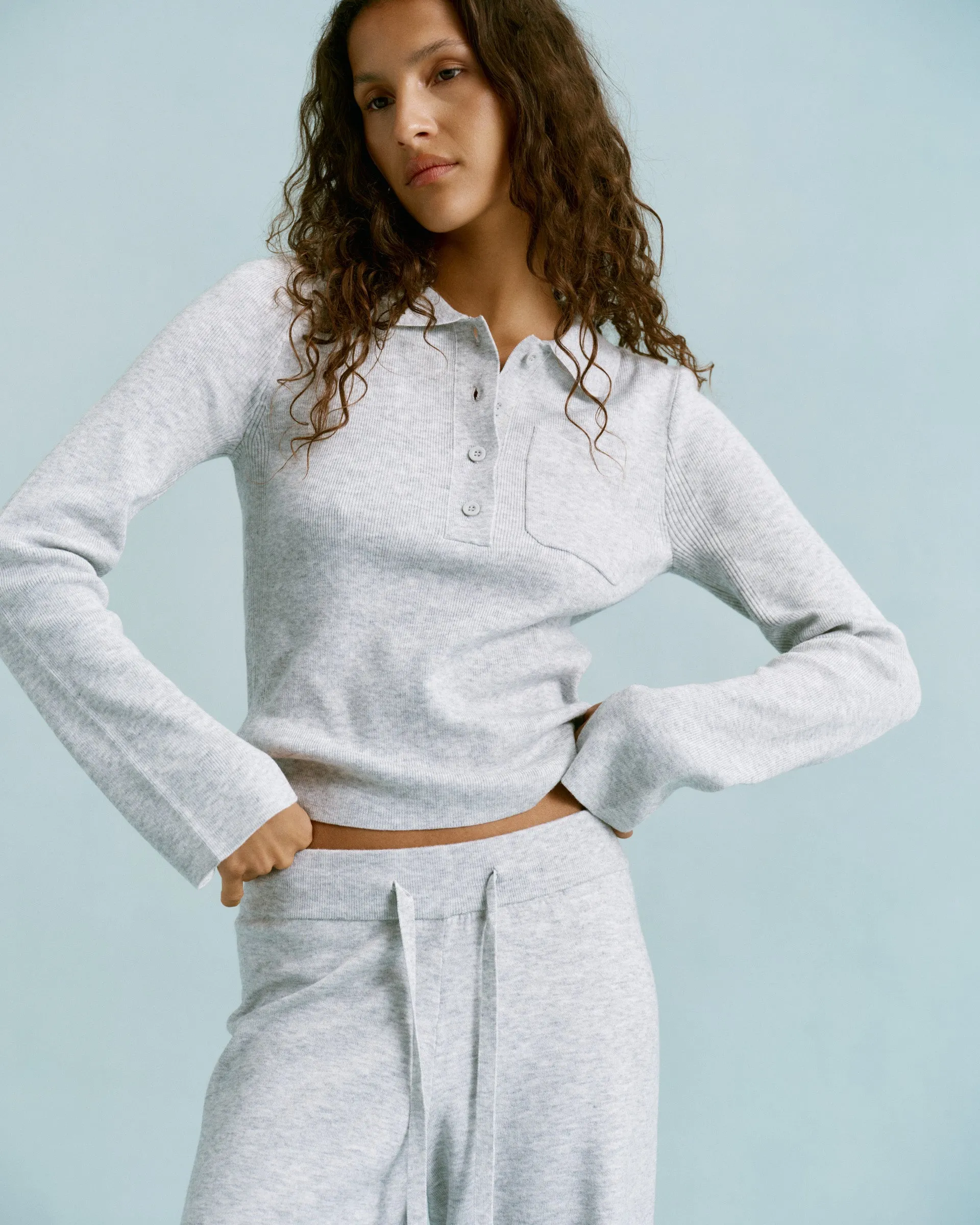 AntiSnag Surface Work From Home Knit Long Sleeve Button Up Top - Light Grey Melange