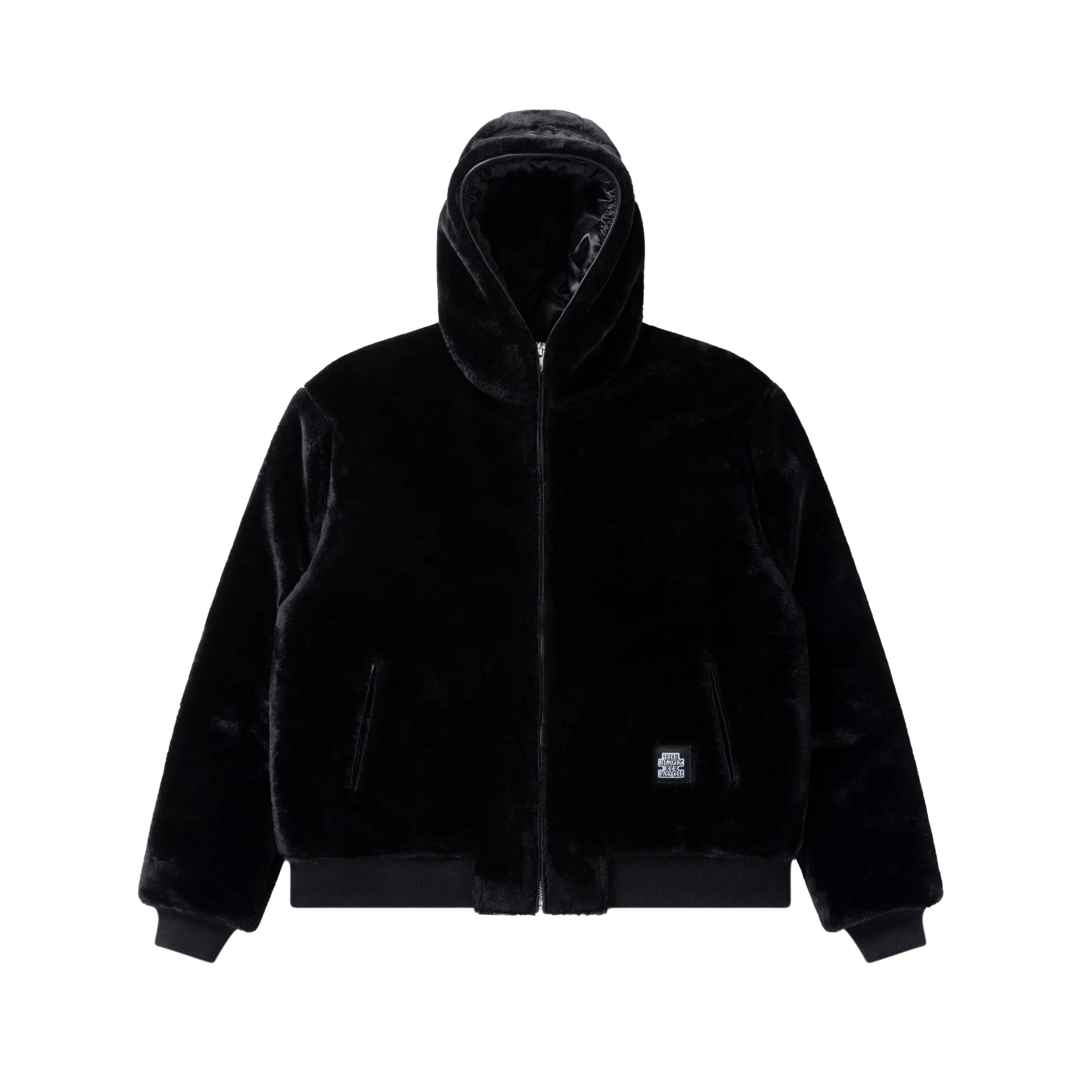 Layered Cuff System Layered Wind Barrier MOHAIR FAUX FUR HODDED JACKET BLACK