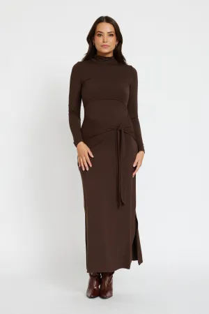 Serina Long Sleeve Tie-Front Midi Dress - Chocolate Must Have