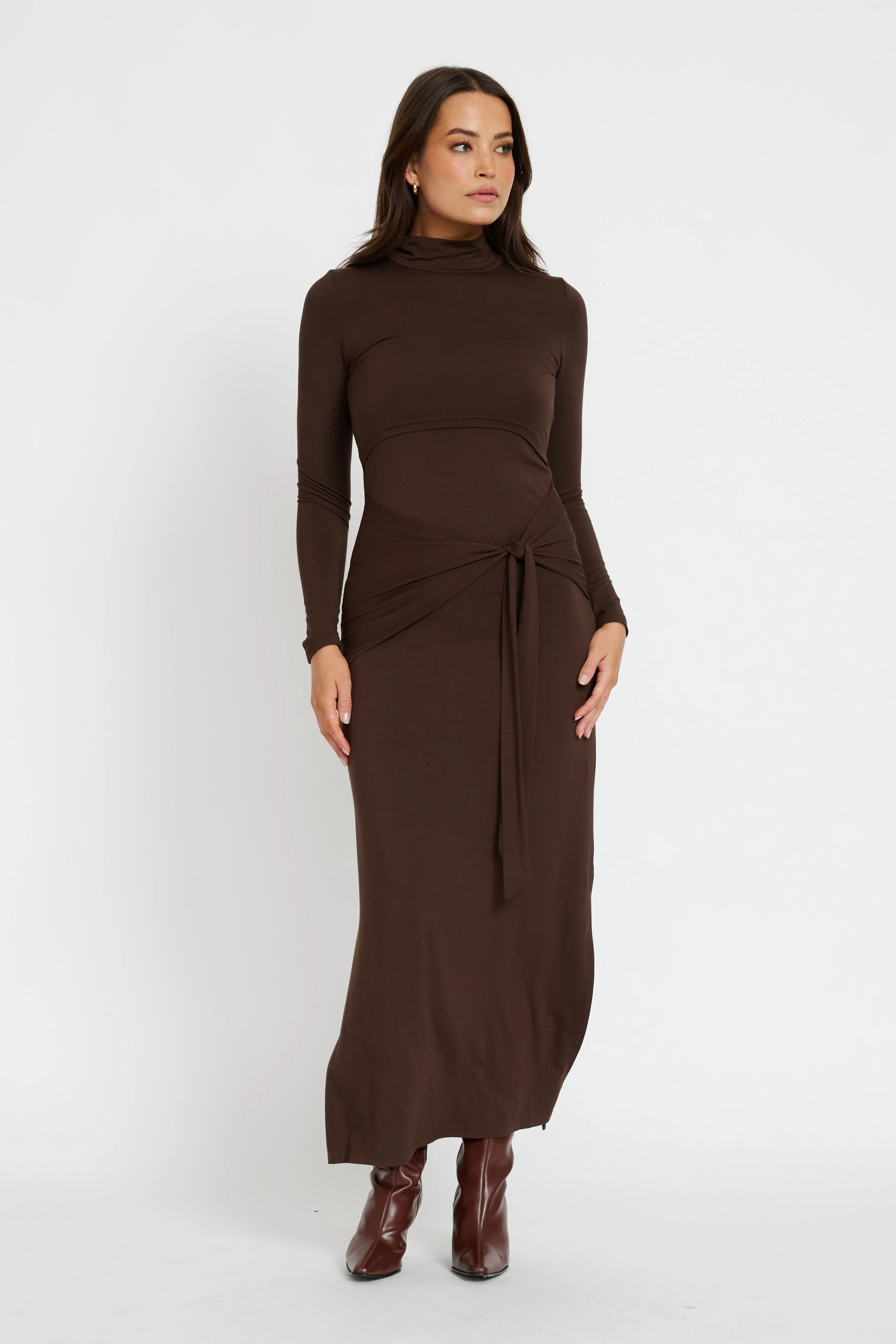 trendy maternity Classic Style Serina Long Sleeve Tie-Front Midi Dress - Chocolate