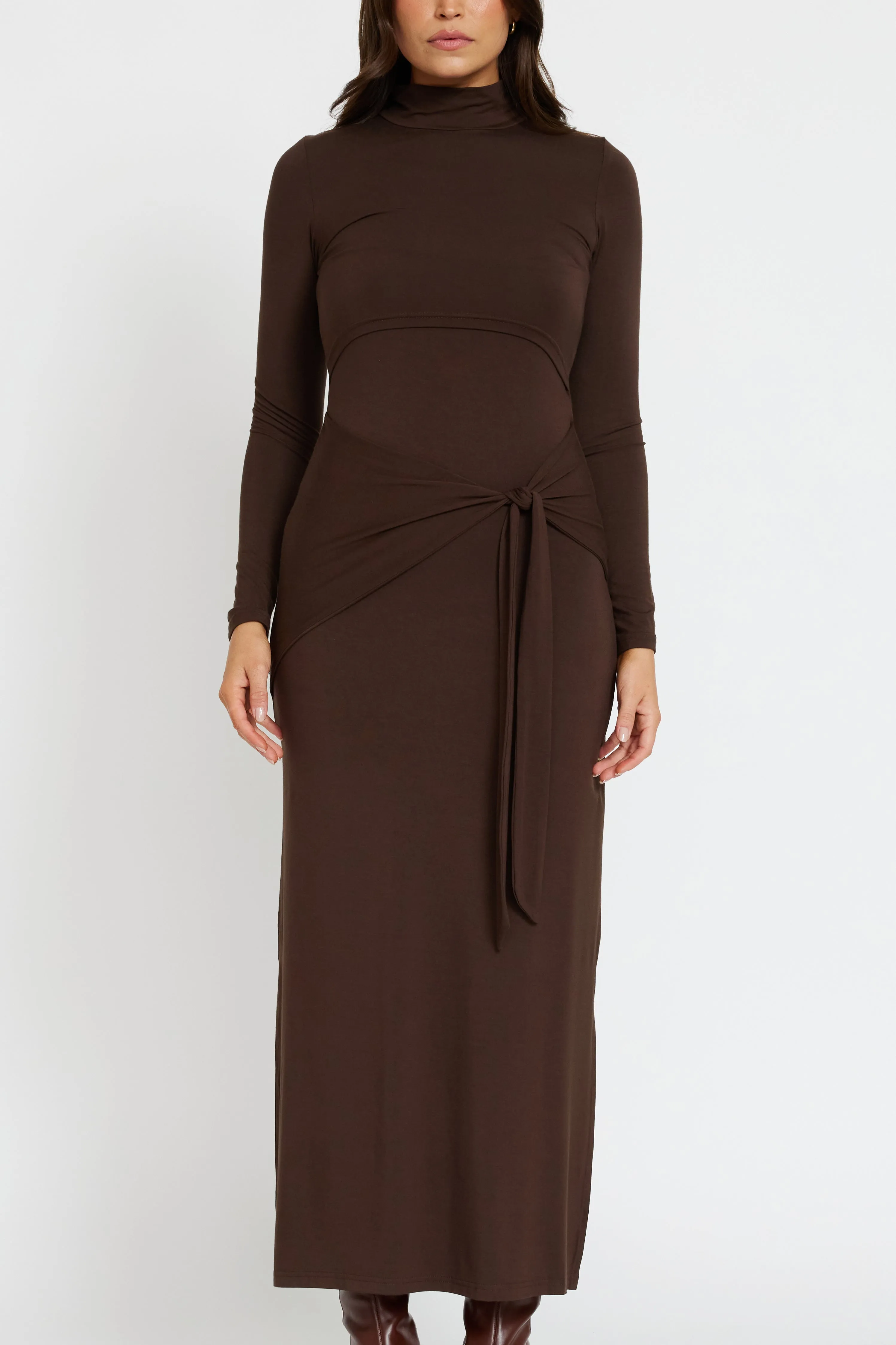 side opening Serina Long Sleeve Tie-Front Midi Dress - Chocolate