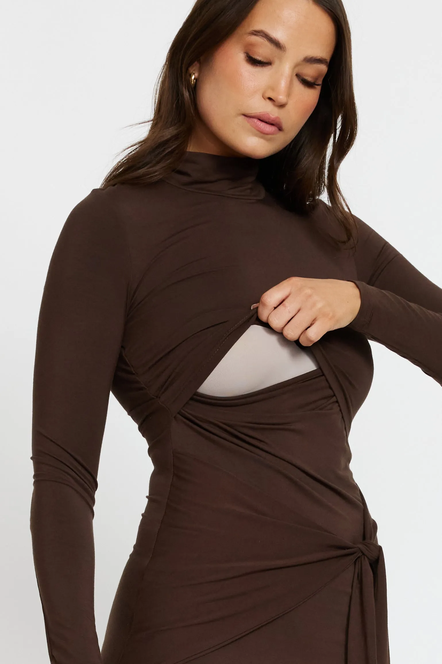 tummy support Pleated Skirt Serina Long Sleeve Tie-Front Midi Dress - Chocolate