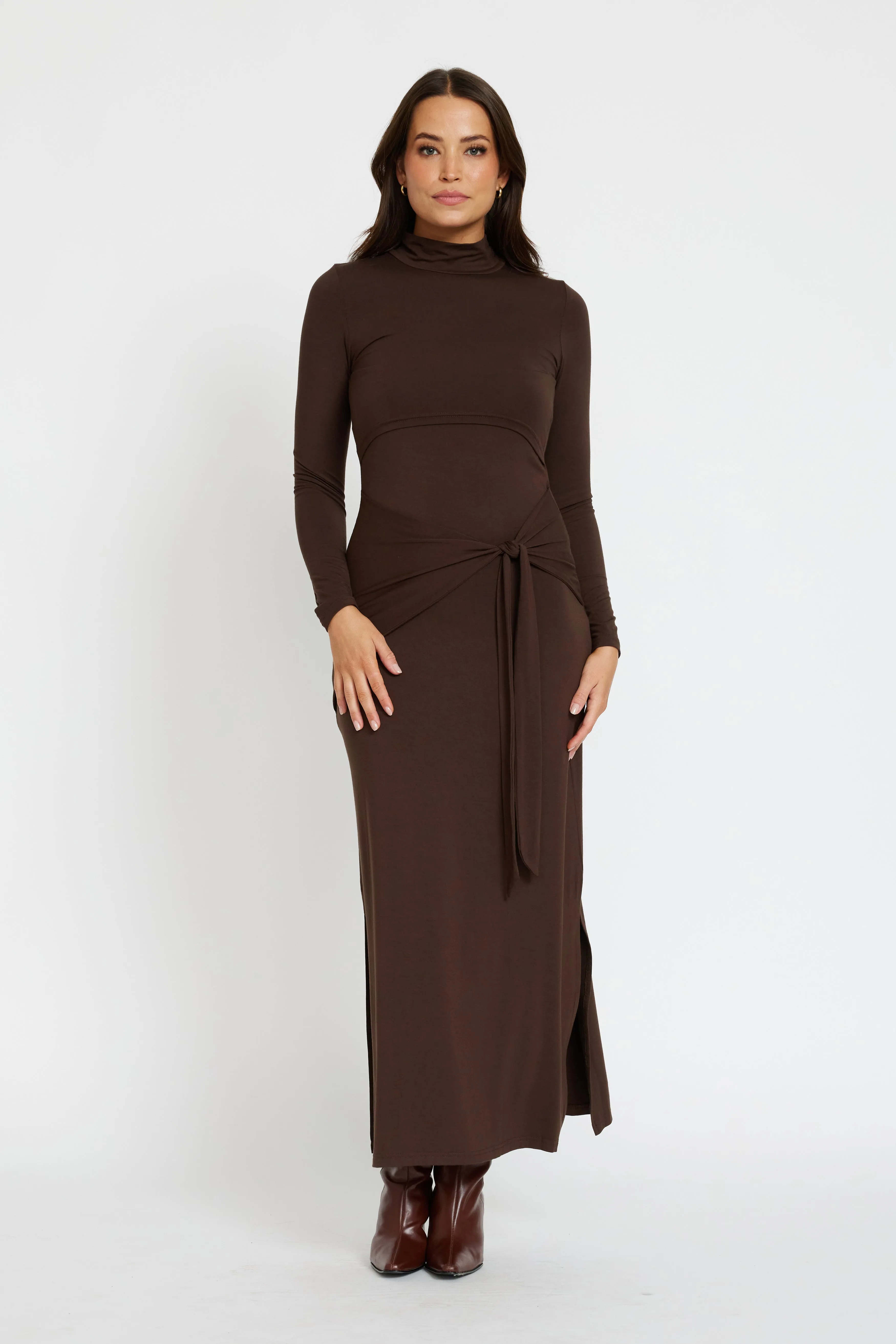 Serina Long Sleeve Tie-Front Midi Dress - Chocolate Must Have