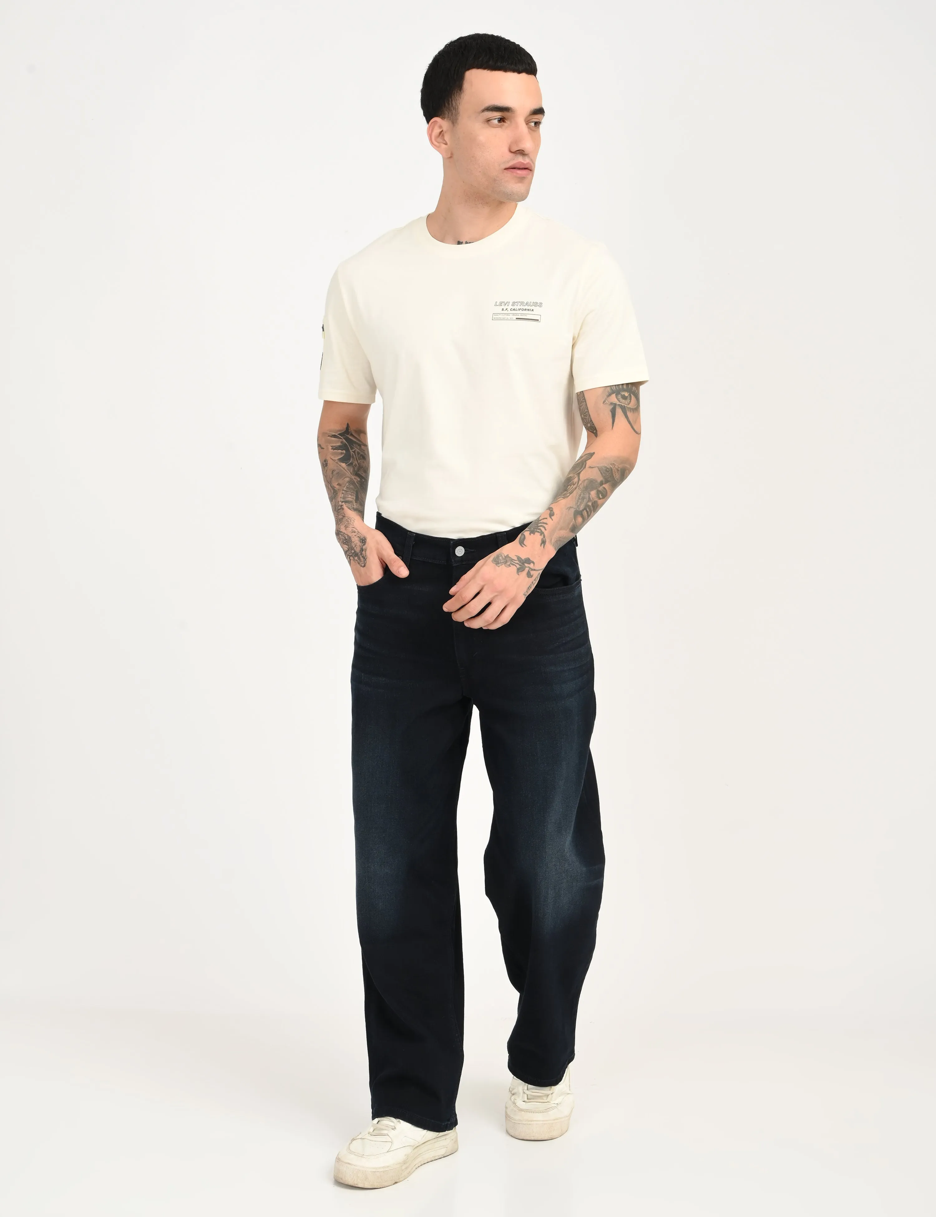 Men's 578 Dark Blue Loose Fit Mid Rise Jeans Parent Style Evening Stroll Festival Outfit