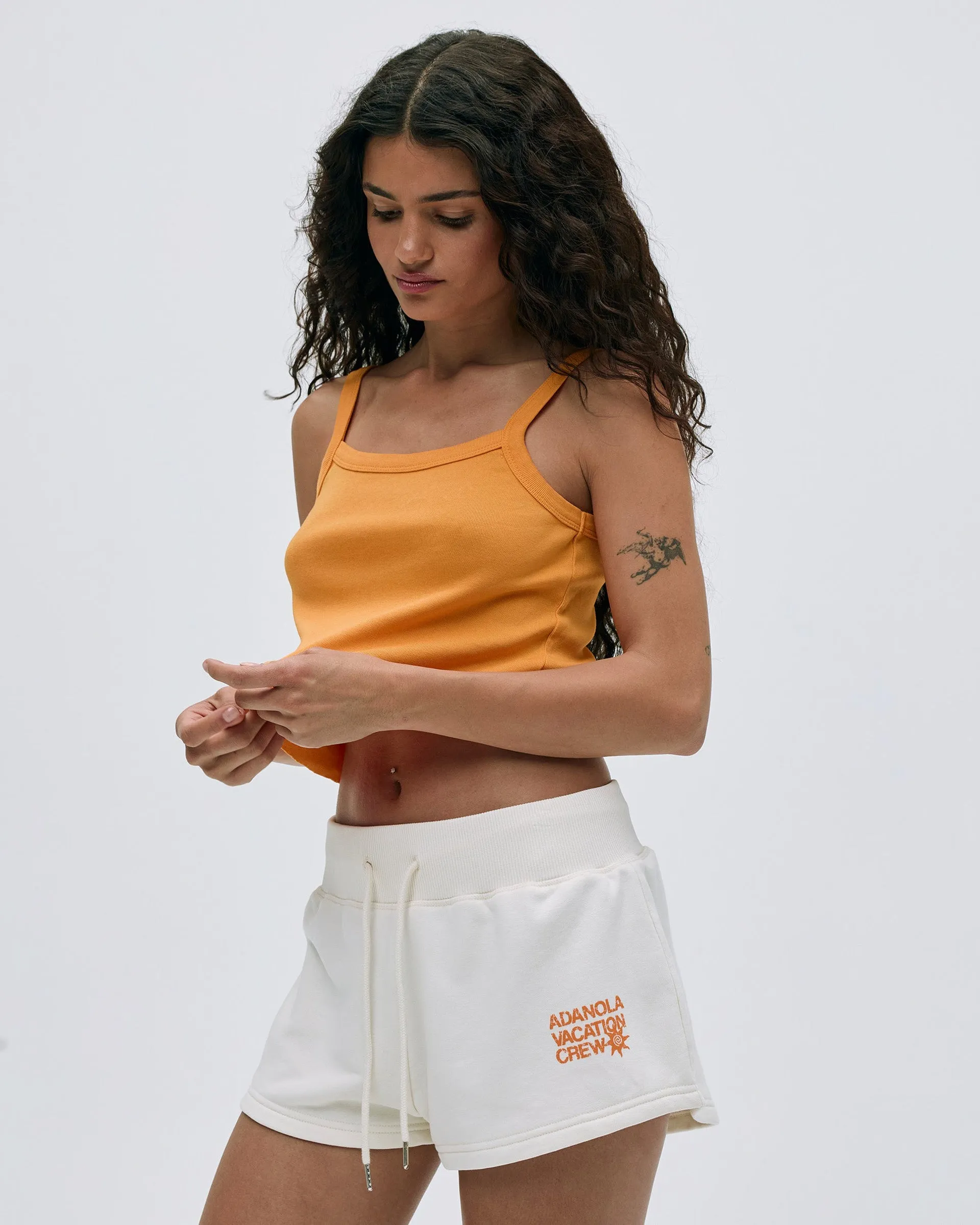 Vacation Mini Sweat Shorts - Marshmallow White/Mango Orange high waisted Easy Flow Fit