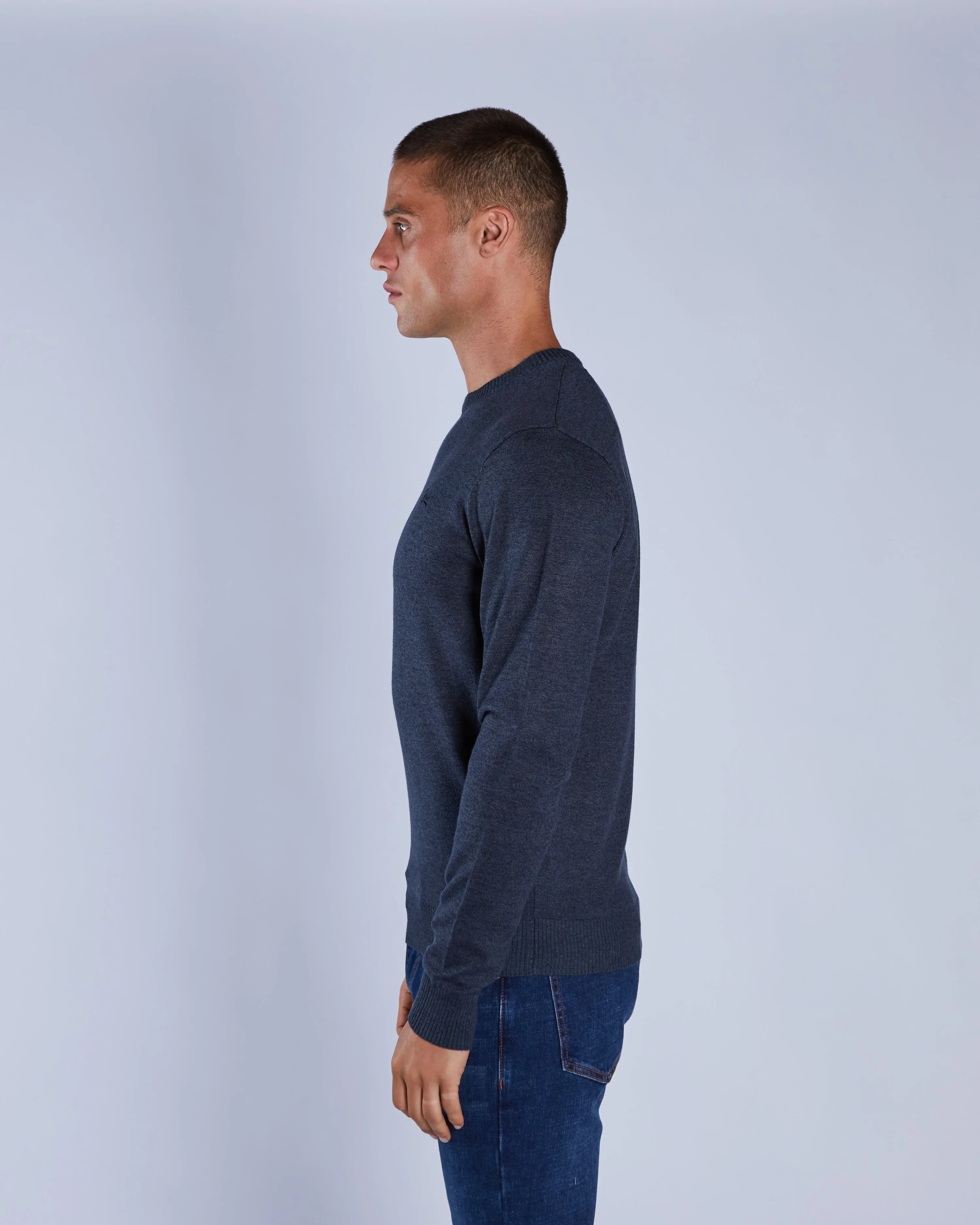 Dylan Round Neck Petrol Blue Marl Stretch Ribbing