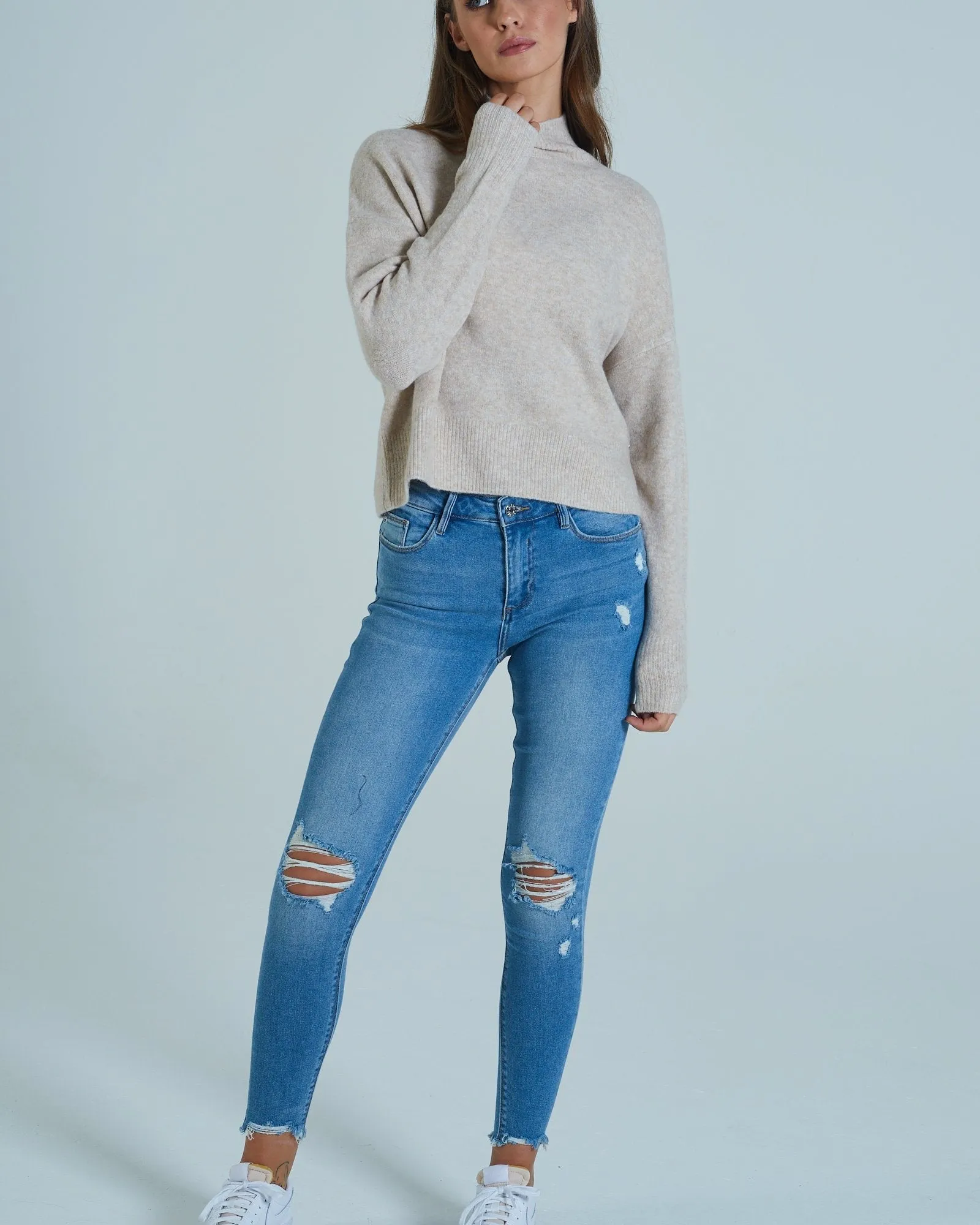 Amelie Knit Oatmeal Melange Stretch Waistband Design FrayResistant Edging