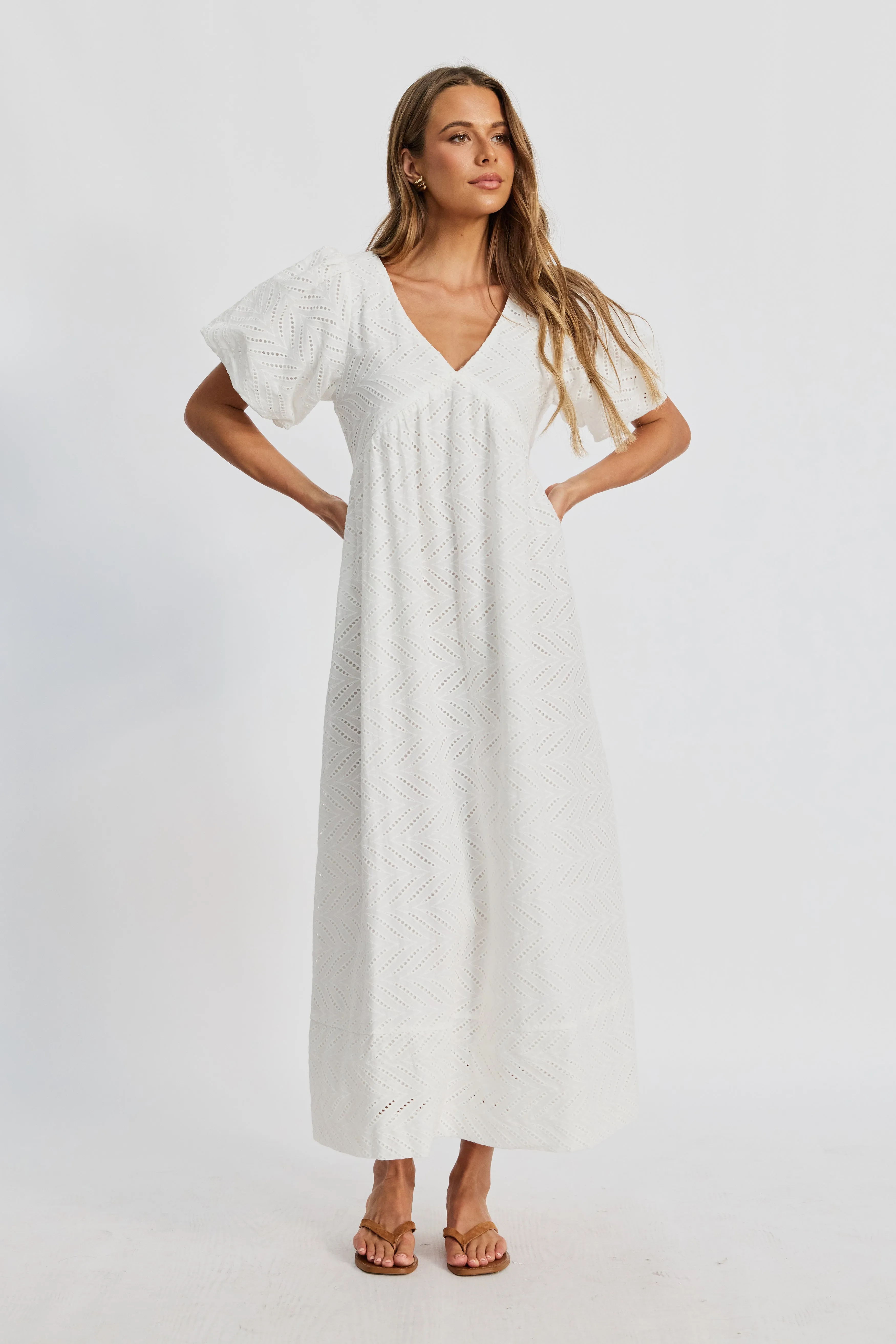 working mom Full length Sofia Broderie Anglaise Babydoll Dress - White