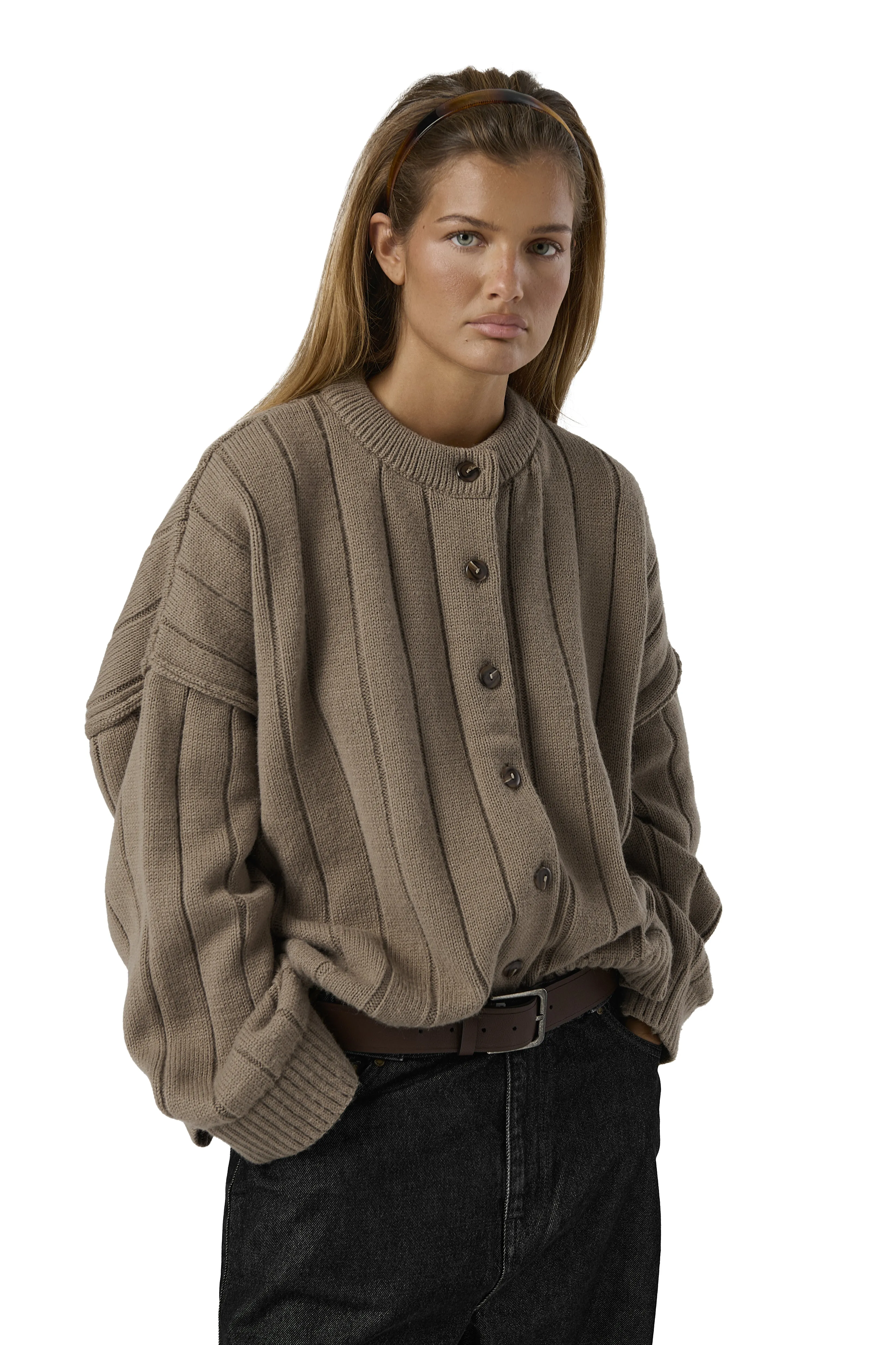 Bryant Button Cardigan in Beige Cozy Design Chill Proof