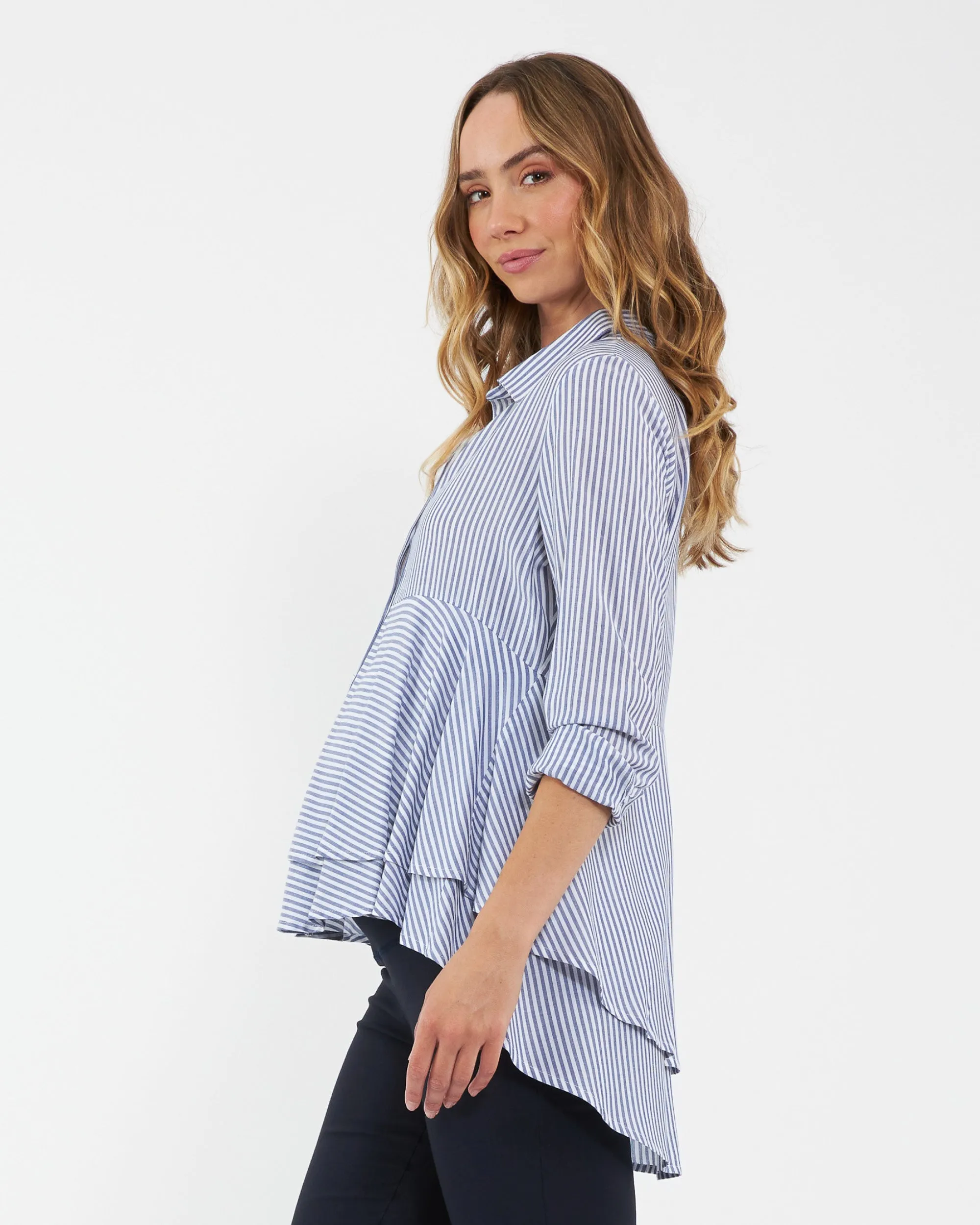Nursing Tank Stripe Layered Peplum Shirt Navy / White