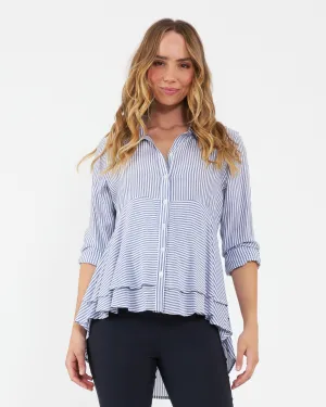 Easy Wash Stripe Layered Peplum Shirt Navy / White