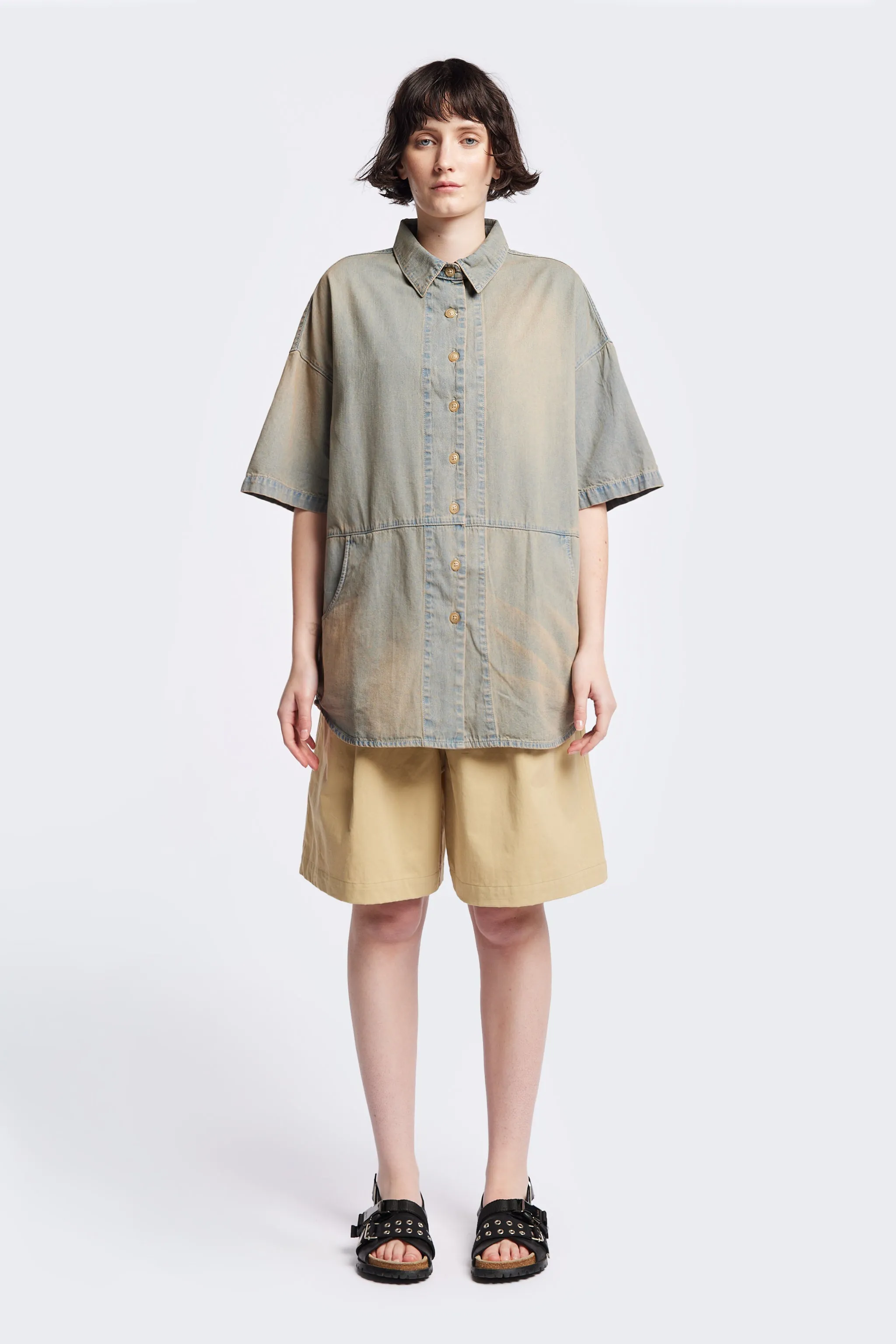 Breathable back panel Province S/S Denim Shirt Blue Pink Fade