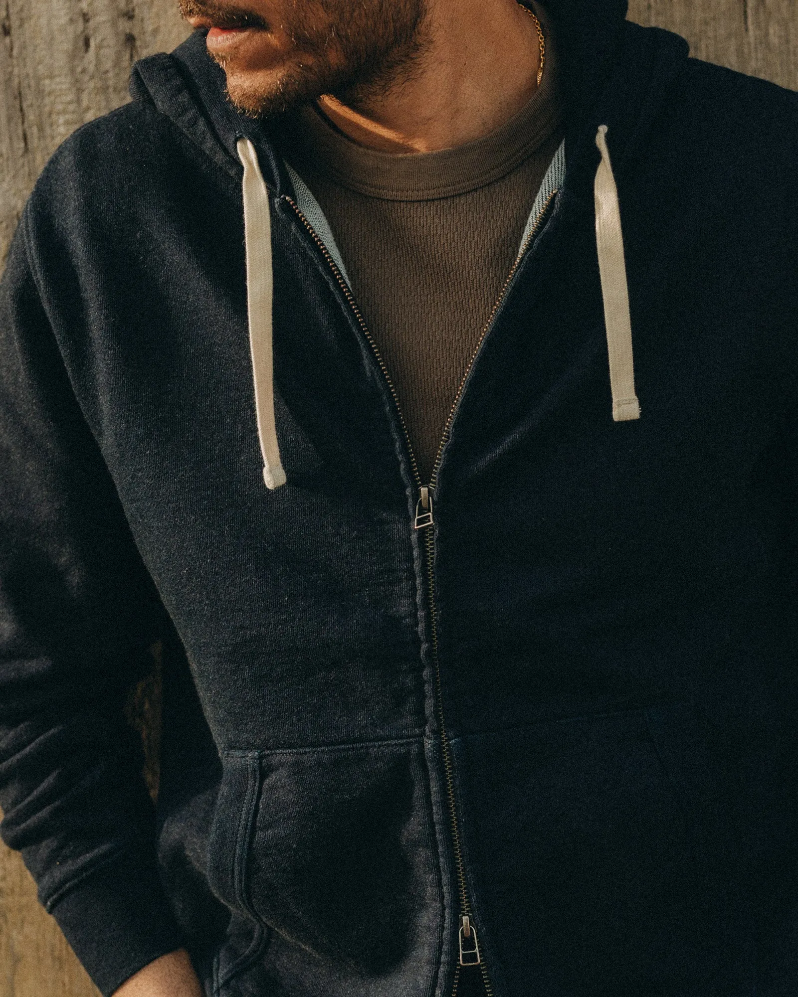 The Apres Zip Hoodie in Rinsed Indigo Terry Fade Resistant Exterior