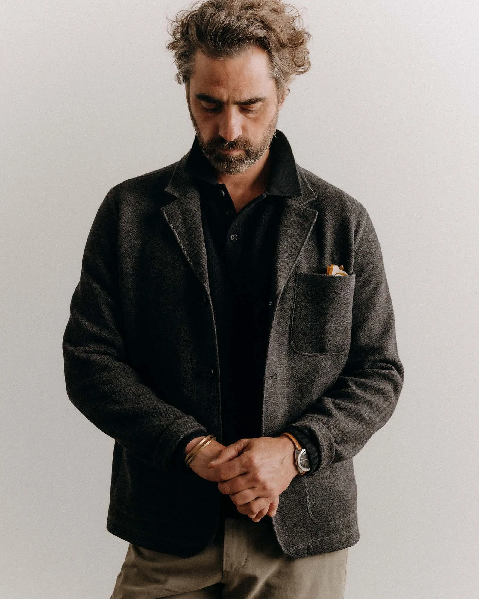 The Evans Blazer in Charcoal Birdseye Wool Ergonomic Mobility Cut color block