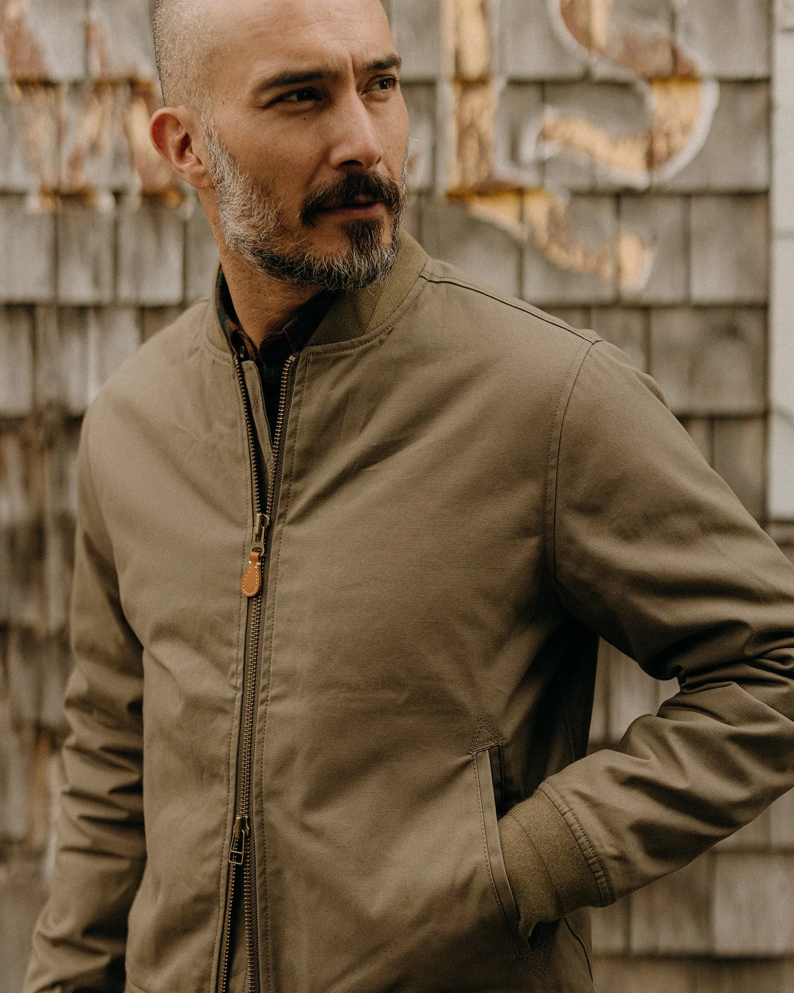 Clean Street Look City Walking Style The Insulated Bomber Jacket in Fatigue Olive Dry Wax