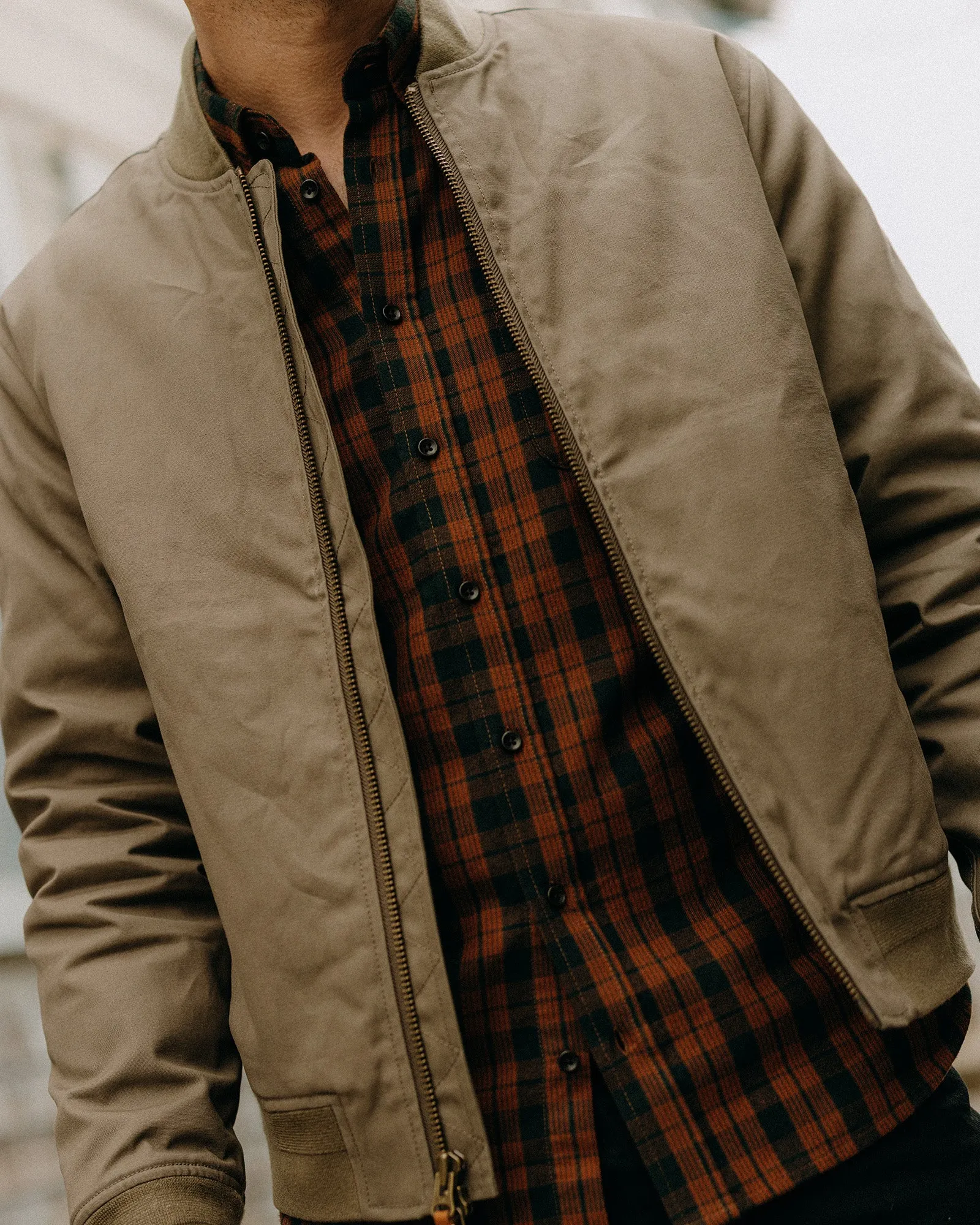 Designer Inspired Magnetic Closure The Insulated Bomber Jacket in Fatigue Olive Dry Wax