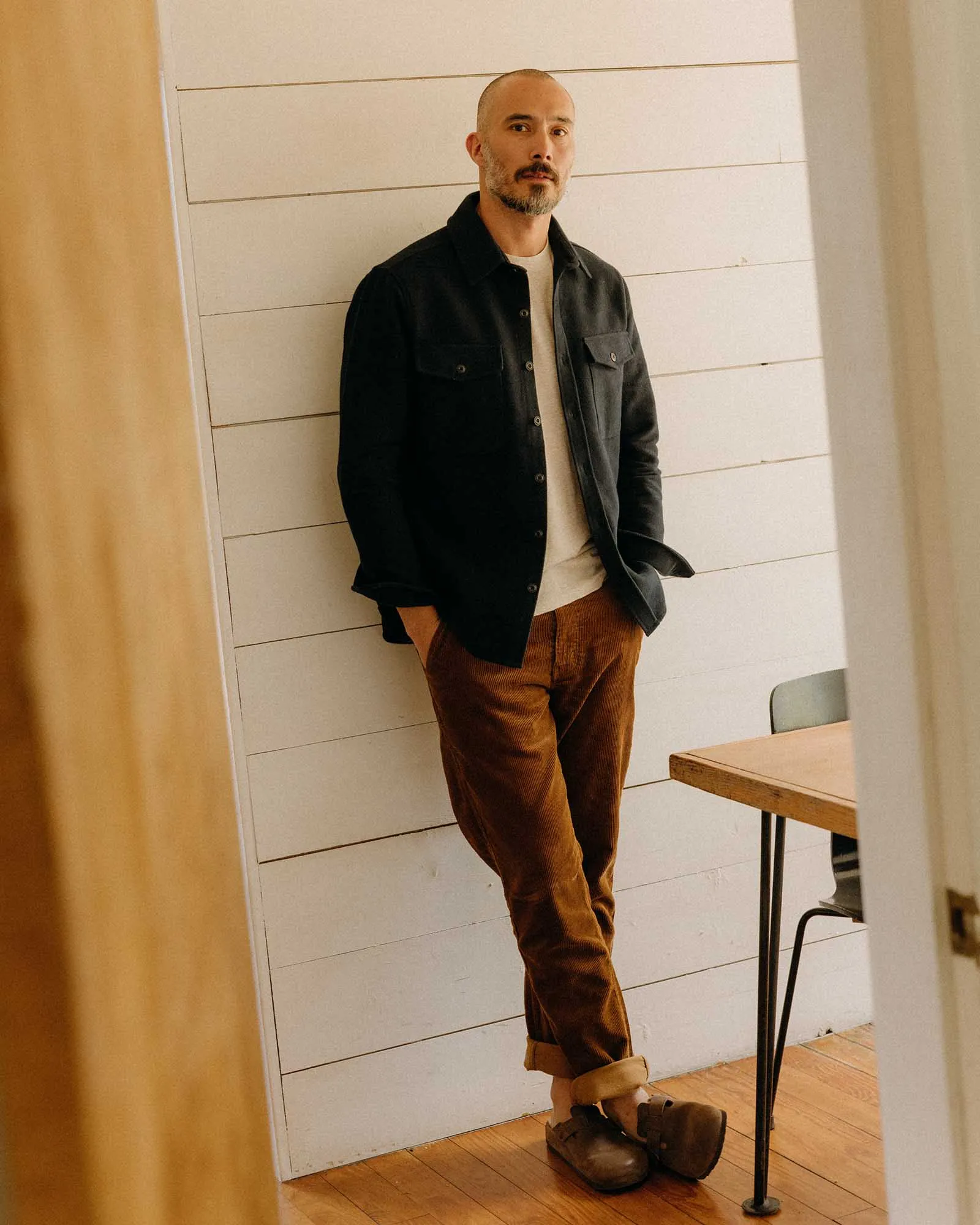 The Maritime Shirt Jacket in Dark Navy Moleskin Twill Ergonomic Armhole Cut