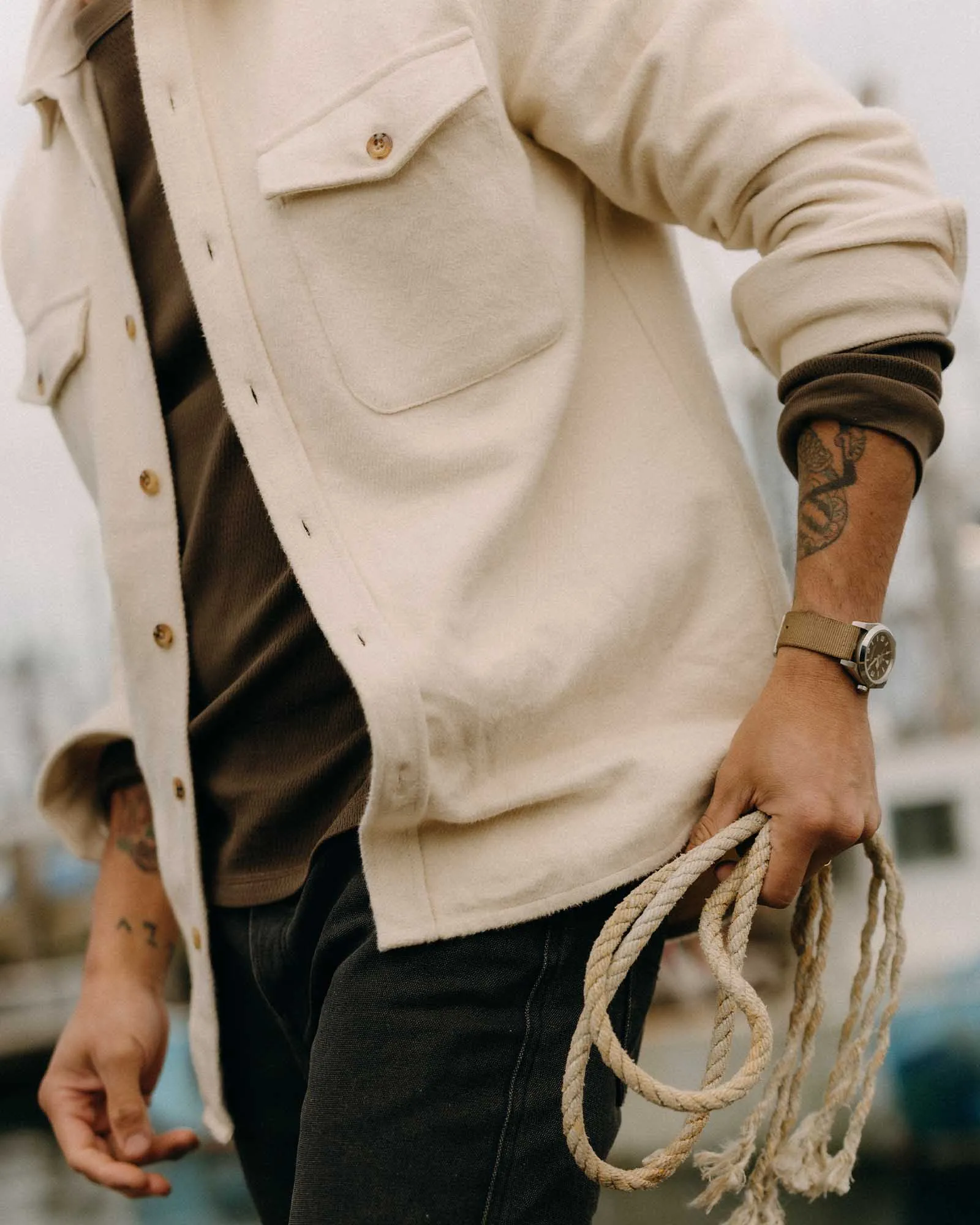 The Maritime Shirt Jacket in Vintage White Moleskin Twill Moisture Wicking Lining