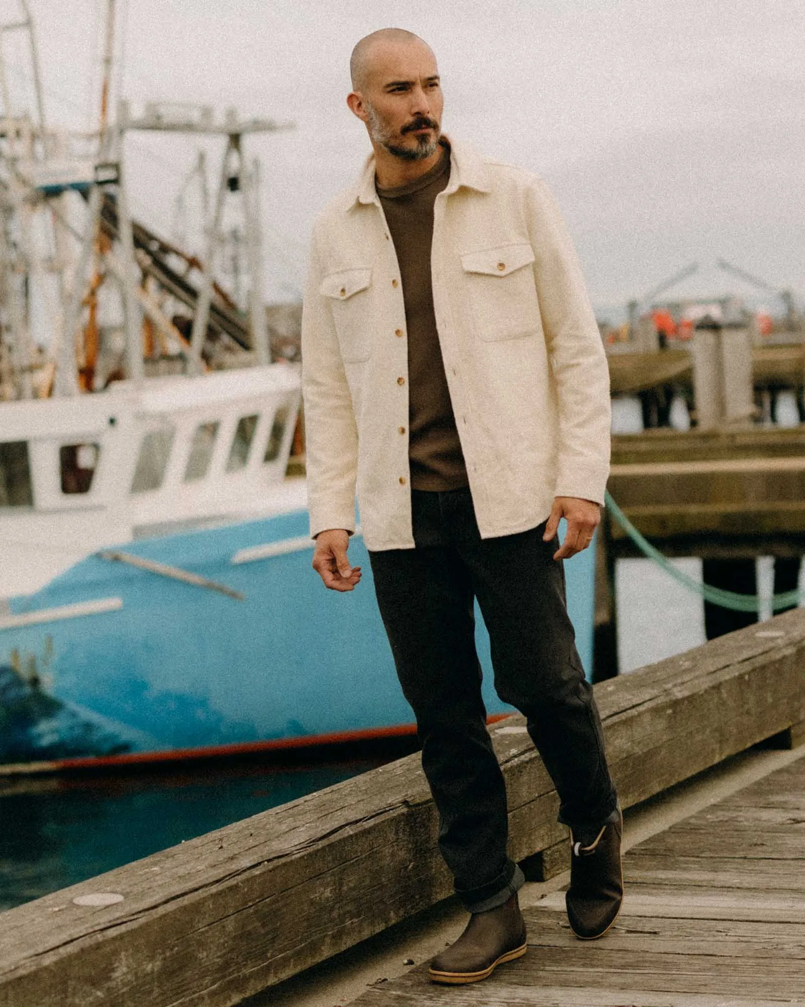 The Maritime Shirt Jacket in Vintage White Moleskin Twill Hidden Ventilation Zones