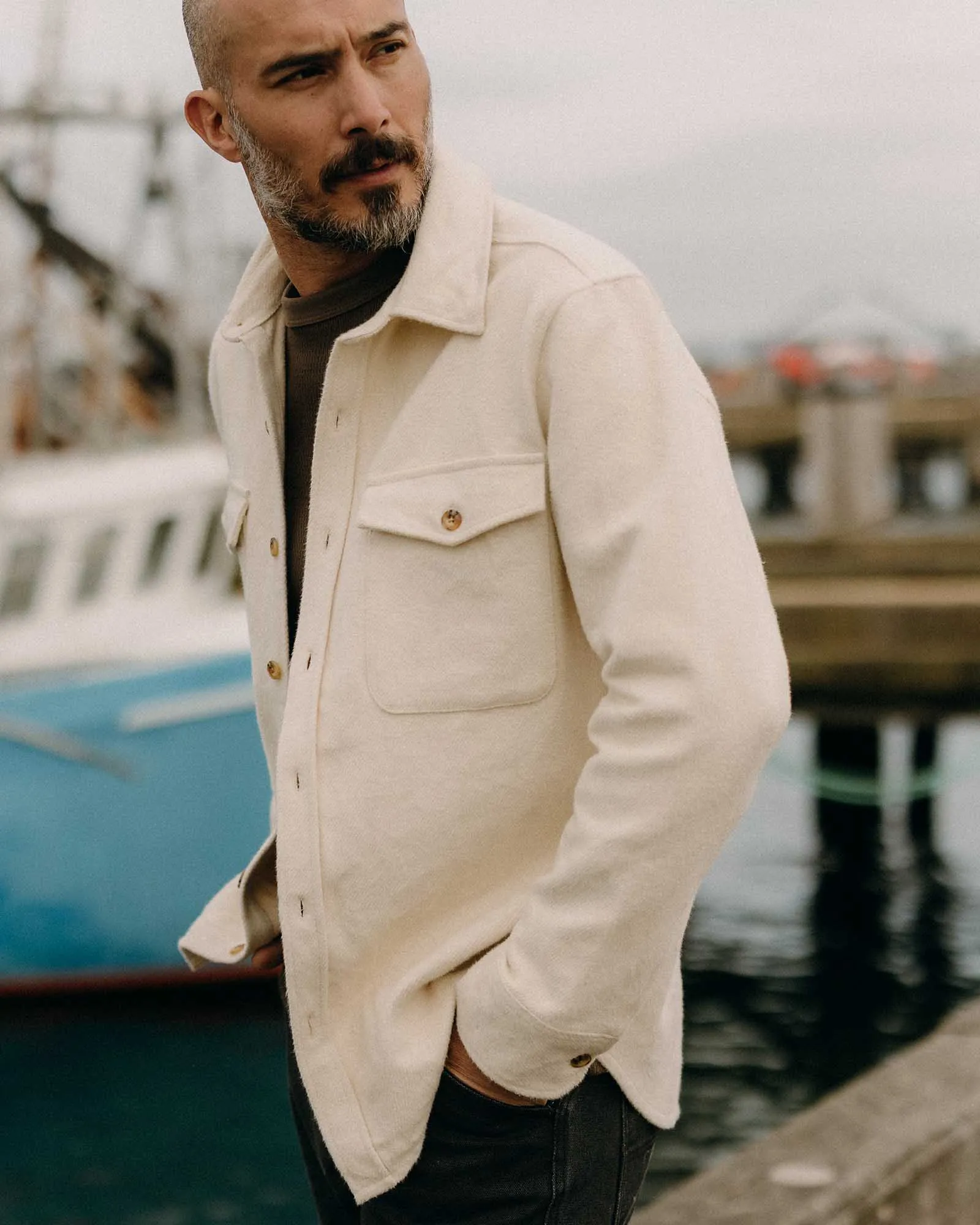 Compressed Packing Design Enhanced Edge Binding The Maritime Shirt Jacket in Vintage White Moleskin Twill