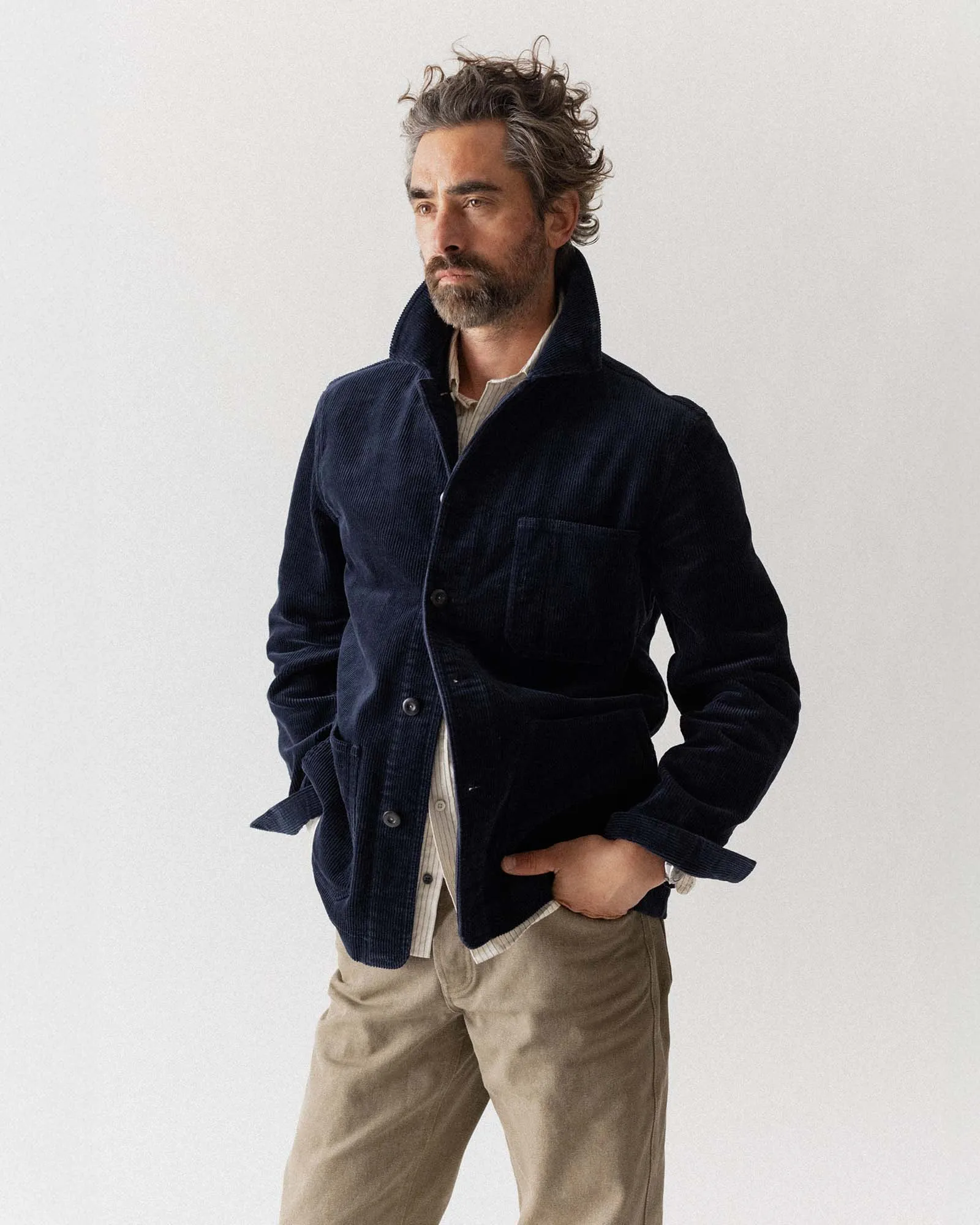 The Ojai Jacket in Dark Navy Corduroy Knee Length