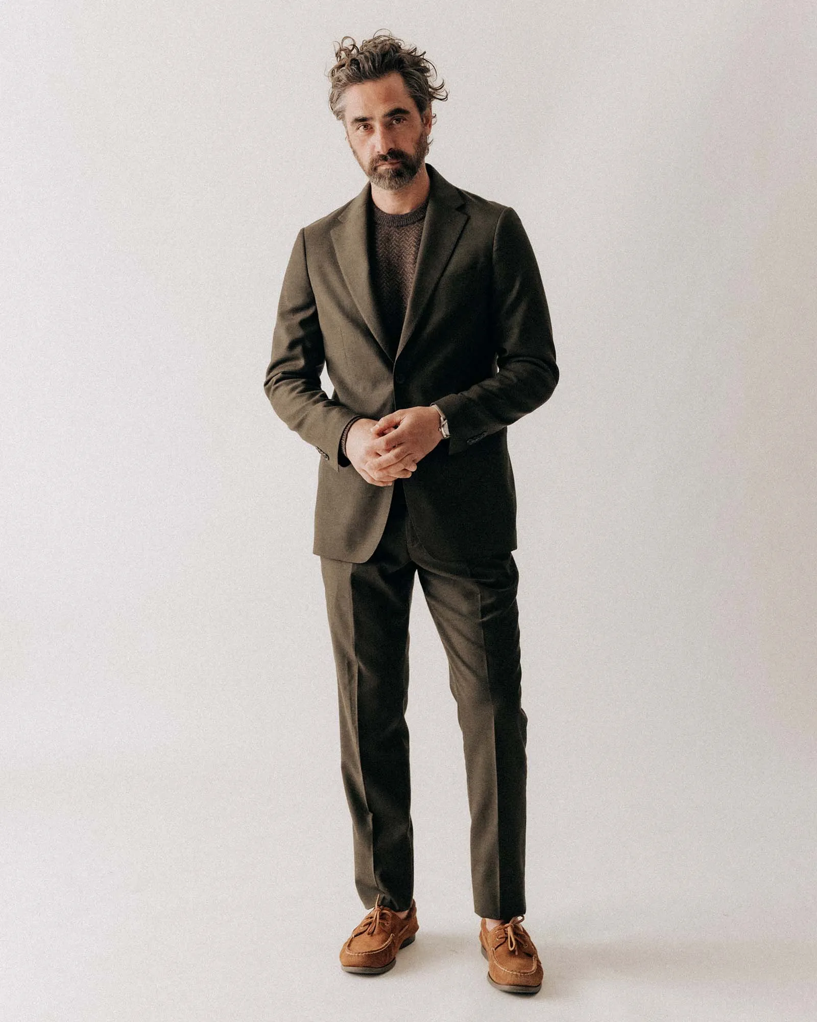 Stretch Weave Fabric Noise Reducing Hardware The Stevens Sportcoat in Black Olive Wool Flannel