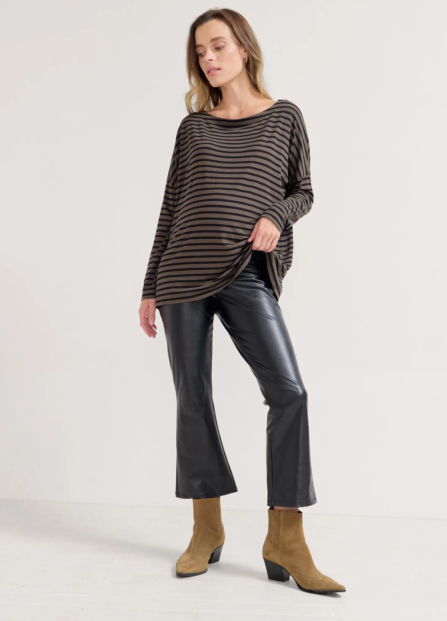 The Vegan Stretch Leather Crop Flare breastfeeding friendly