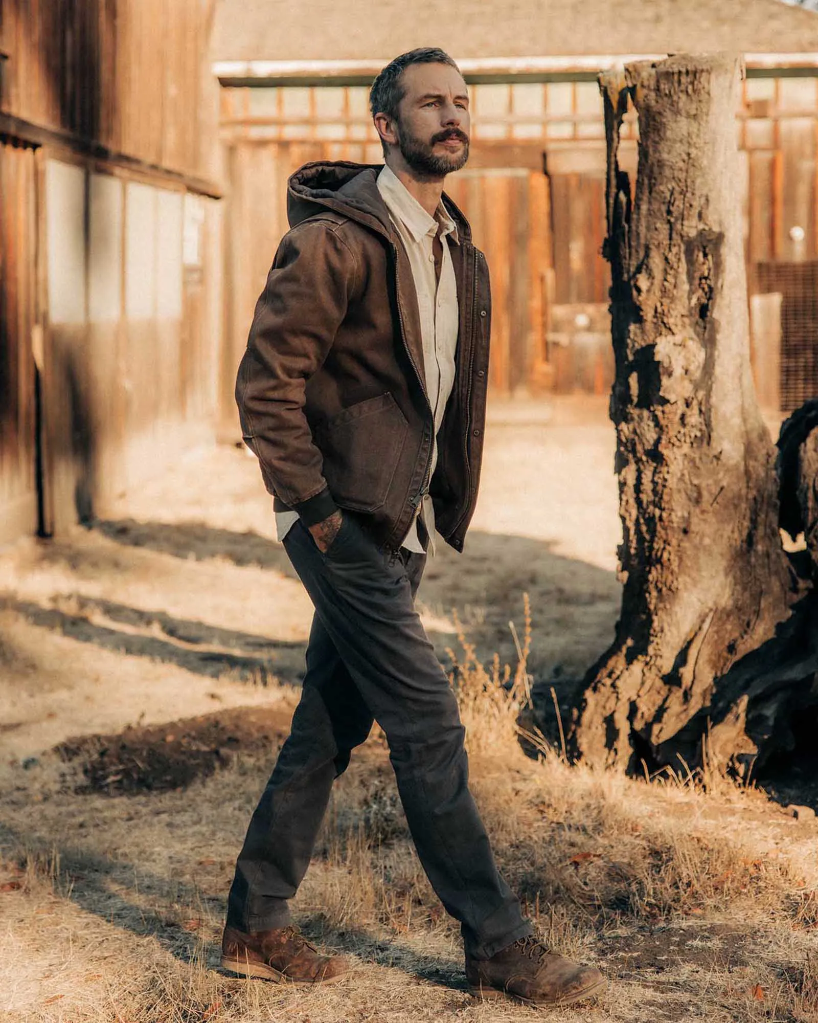 The Workhorse Hoodie in Aged Penny Chipped Canvas Low Profile Collar Design