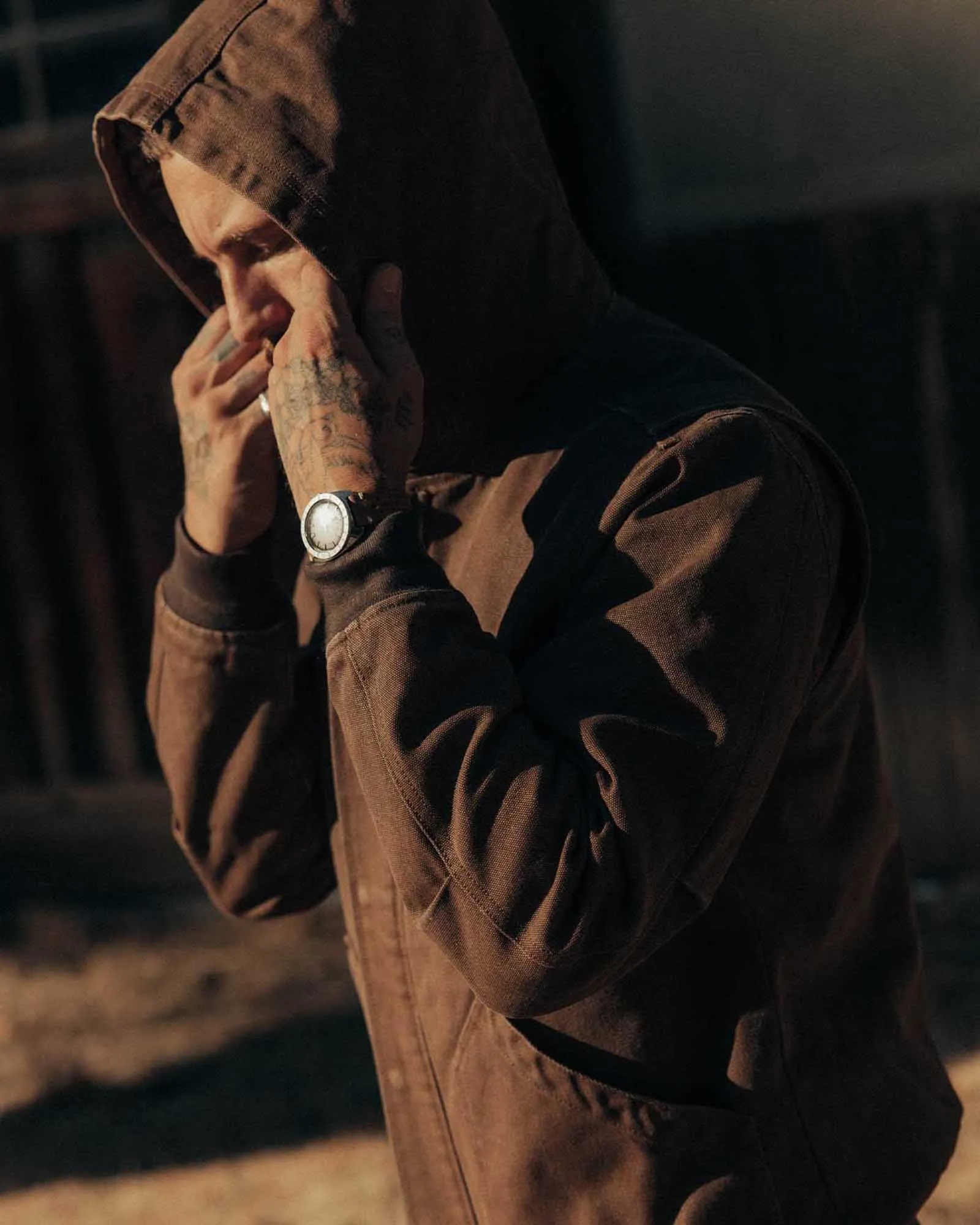 The Workhorse Hoodie in Aged Penny Chipped Canvas Touchscreen Compatible Cuffs