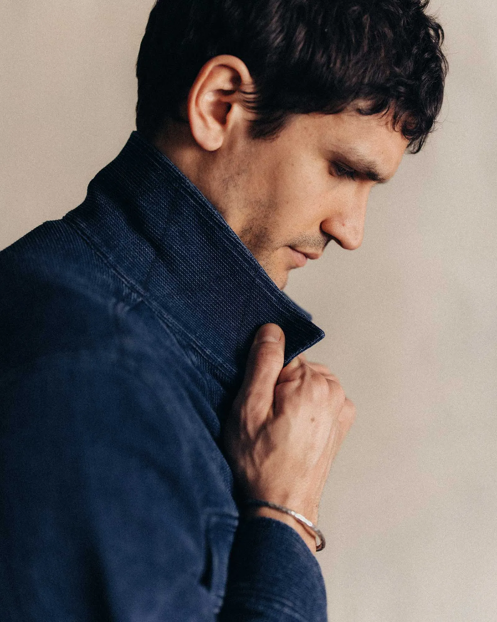 Essential Fit The Long Haul Jacket in Rinsed Indigo Waffle
