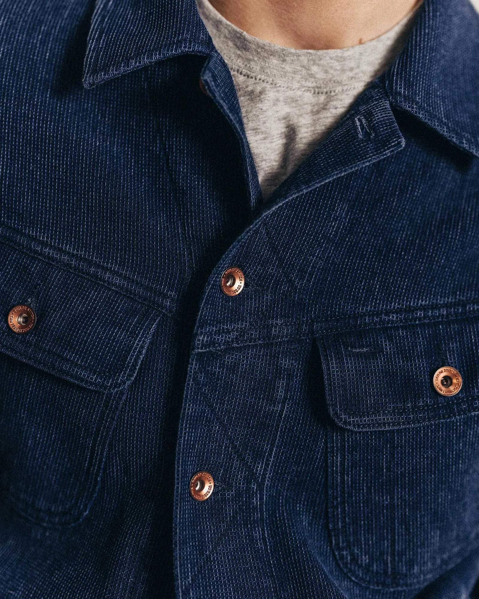 The Long Haul Jacket in Rinsed Indigo Waffle Hydrophobic Treatment Windproof Design