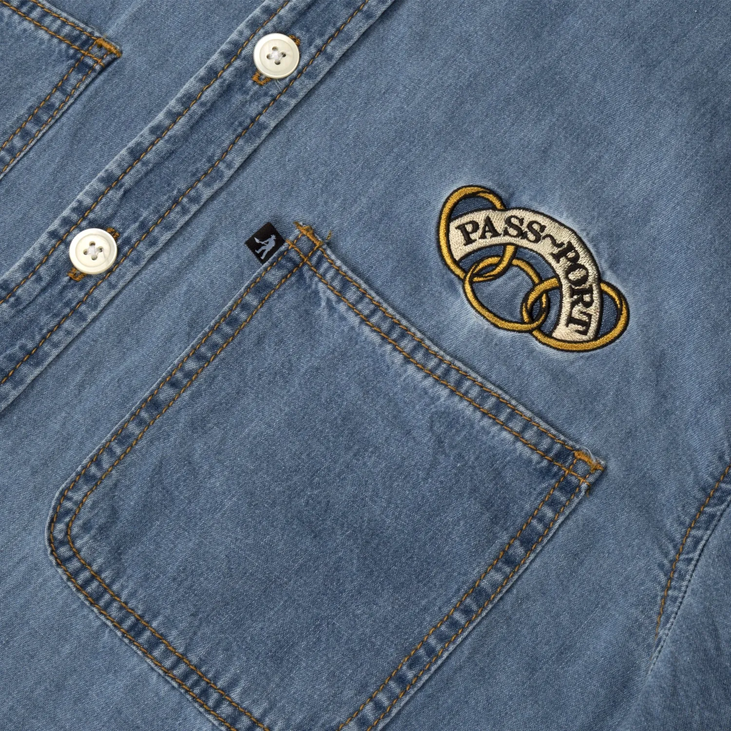 Work Appropriate Unisex wear PASS~PORT "COMMUNAL RINGS" DENIM S/S SHIRT WASHED LIGHT DENIM