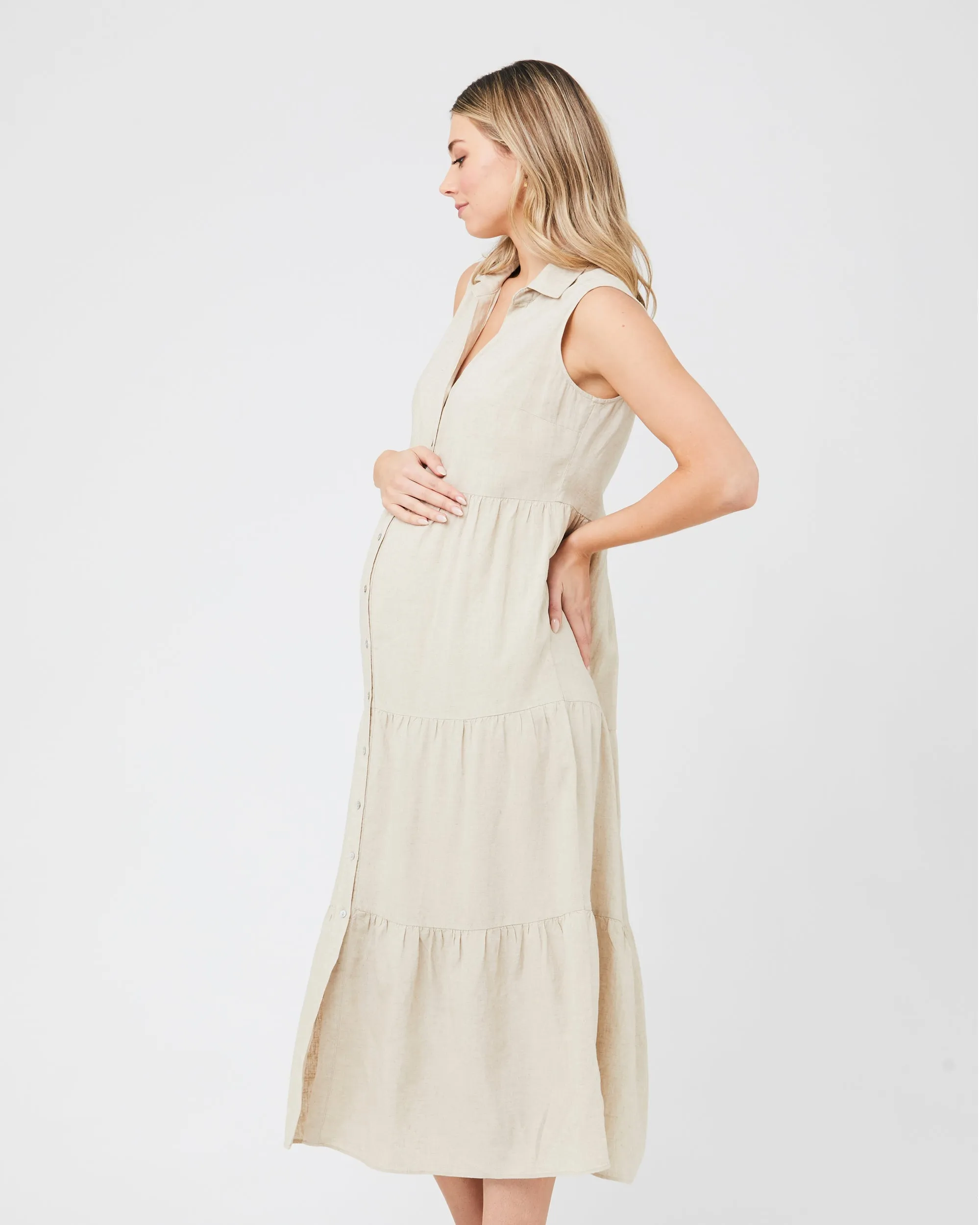 ruched sides Tracy Tiered Linen Dress Natural