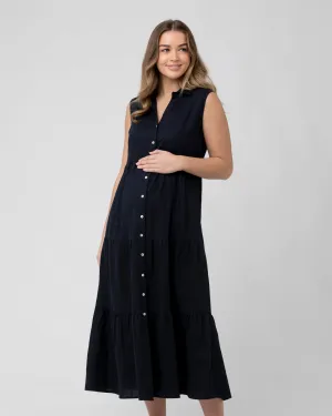 Below knee Tracy Tiered Linen Dress Navy