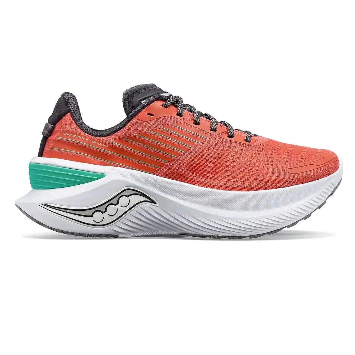 Womens Saucony Endorphin Shift 3 - Soot / Basalt Airflow Channel Tech running in a playground shoes