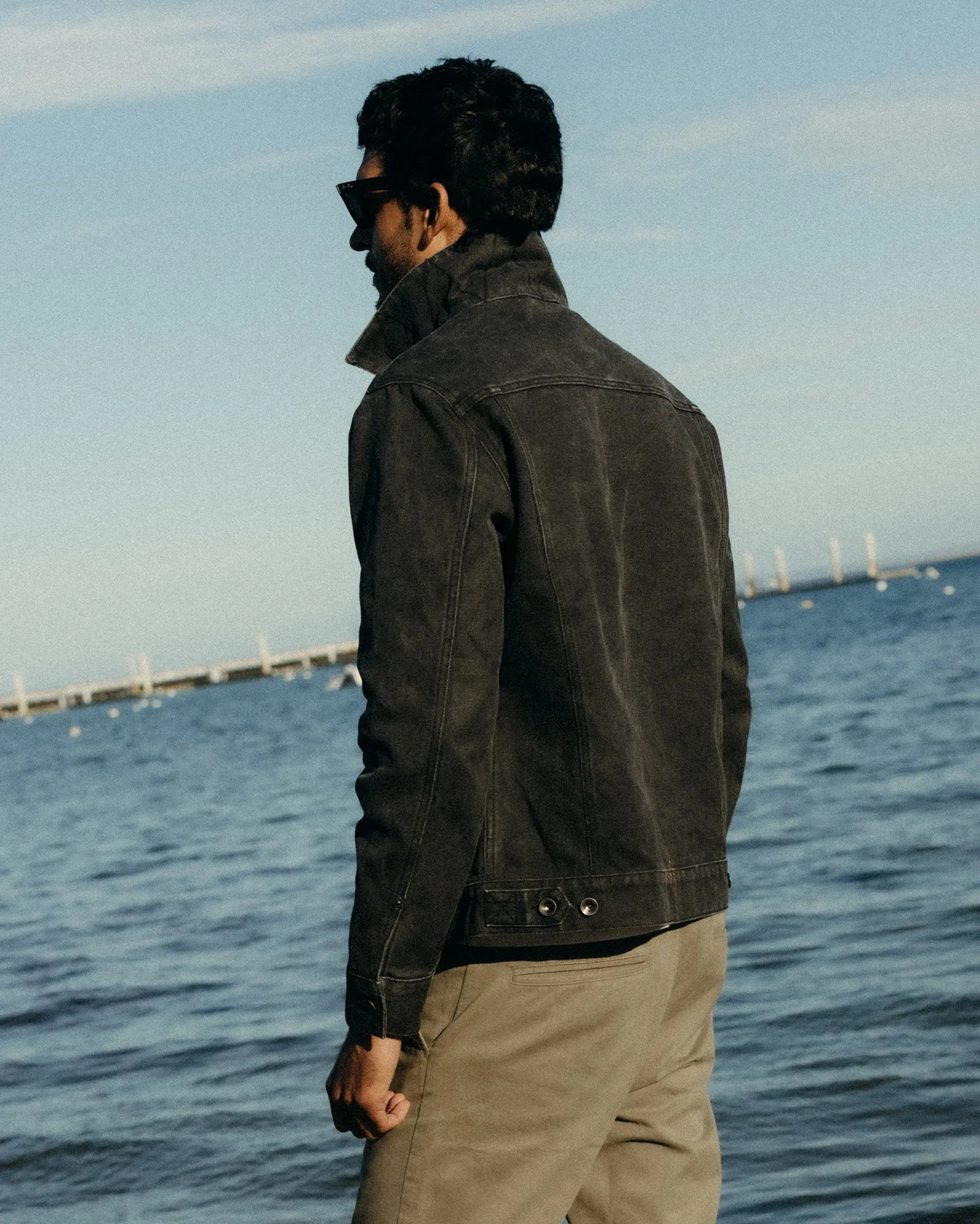 The Ryder Jacket in Coal Chipped Canvas Elastic cuffs