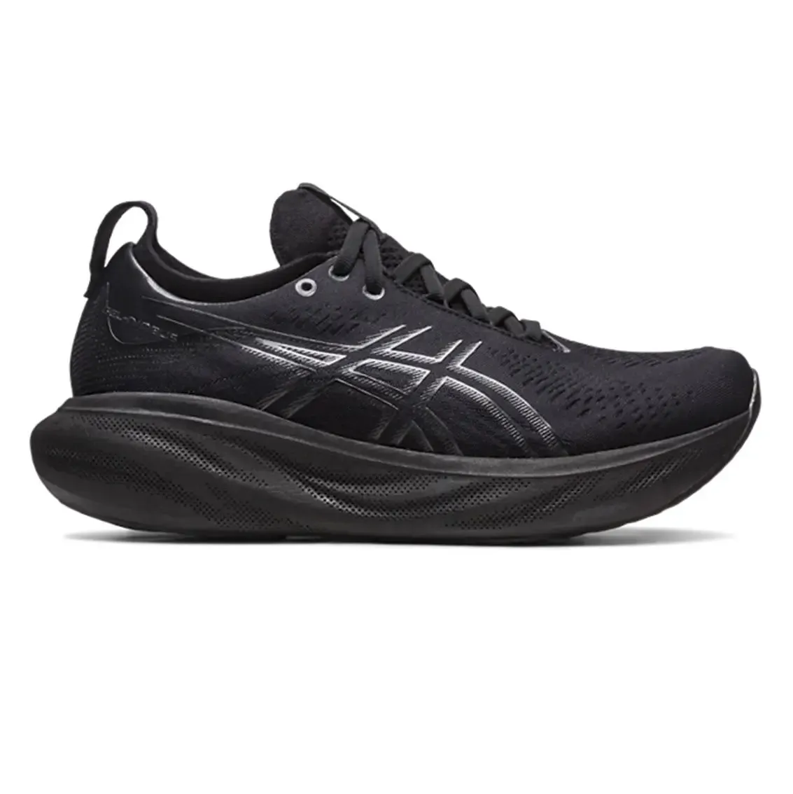 Womens ASICS GEL-Nimbus 25 - Black/ Graphite Grey Low Arch Foam Base