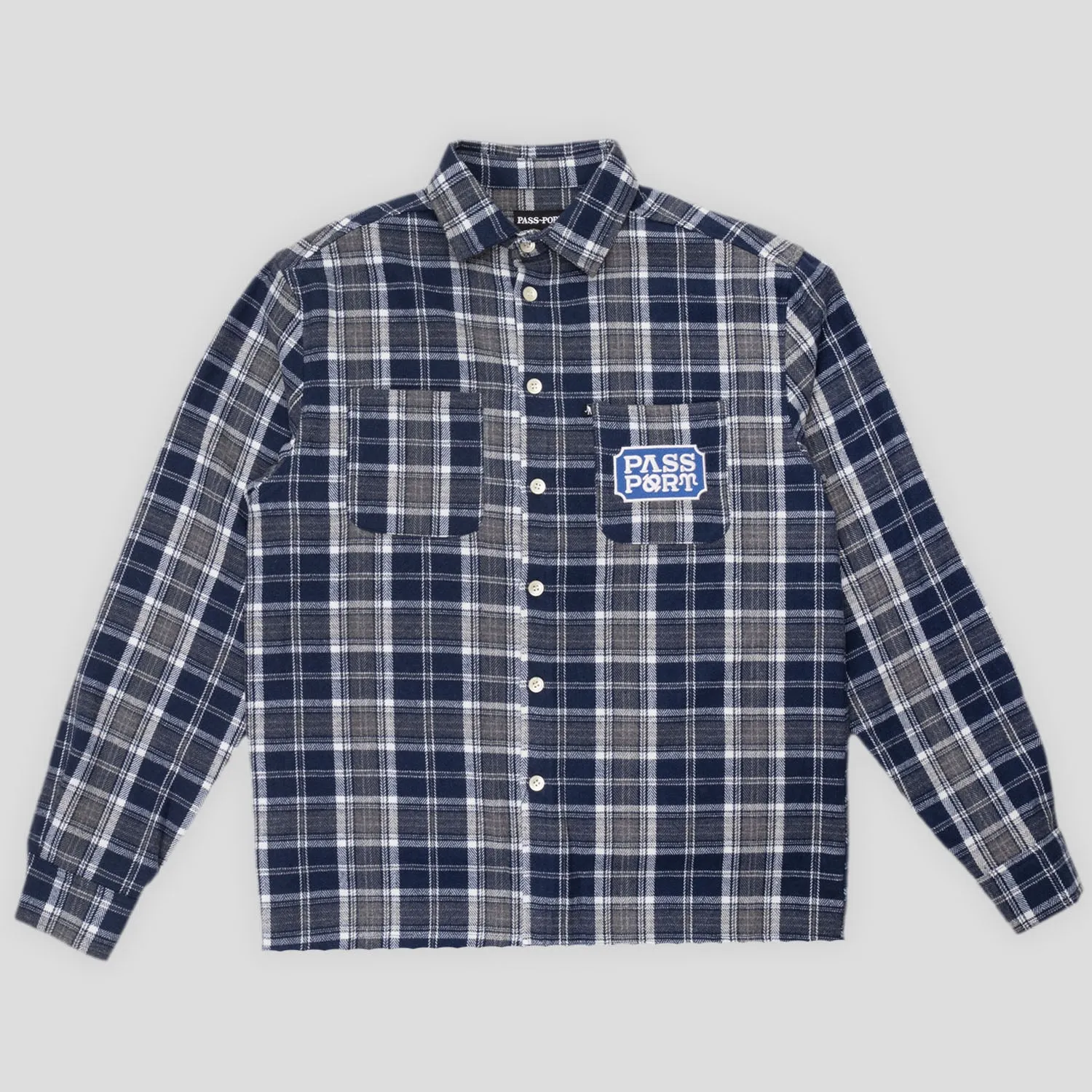 Everyday Essential Seamless Shoulder Construction Pass~Port Yearbook Logo Workers Flannel - Navy