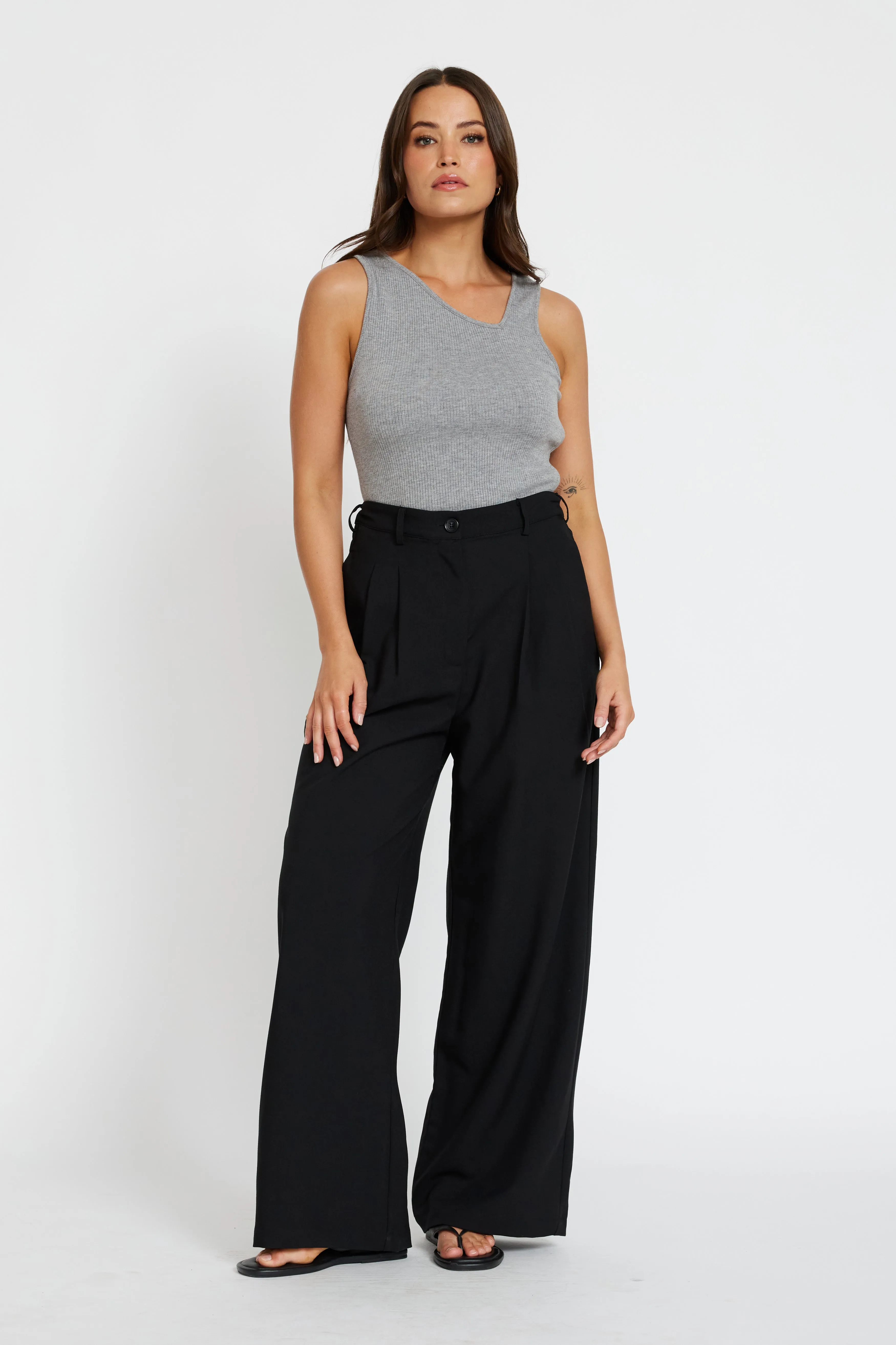Zadie Adjustable Wide Leg Trouser - Black Ruffle Detail