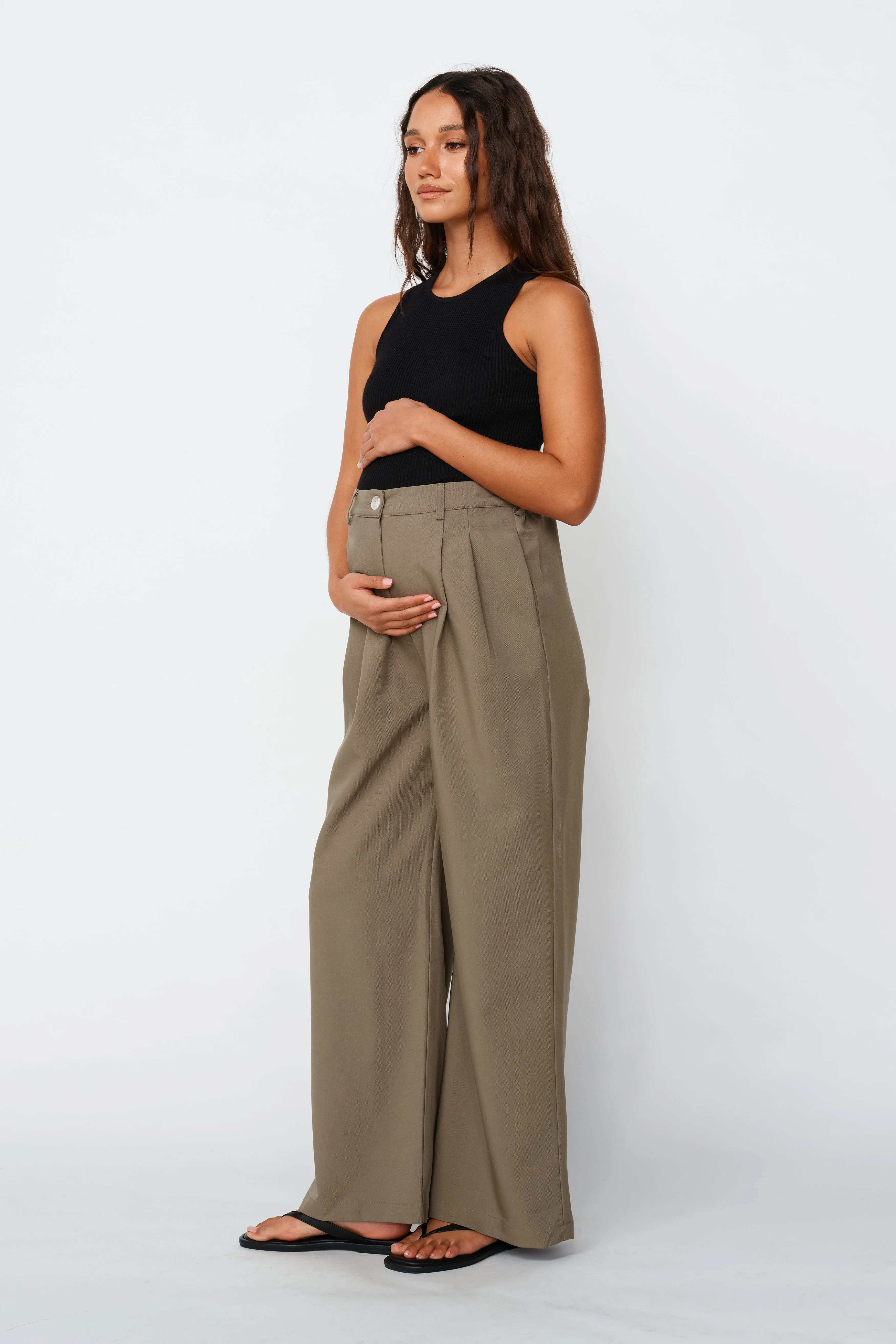 Zadie Adjustable Wide Leg Trouser - Khaki Skin-friendly baby carrier compatible